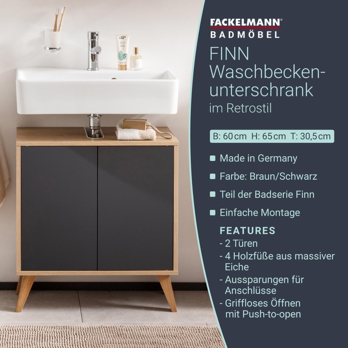 Fackelmann FINN Waschbeckenunterschrank 60 cm breit mit Füßen, Braun hell/Anthrazit