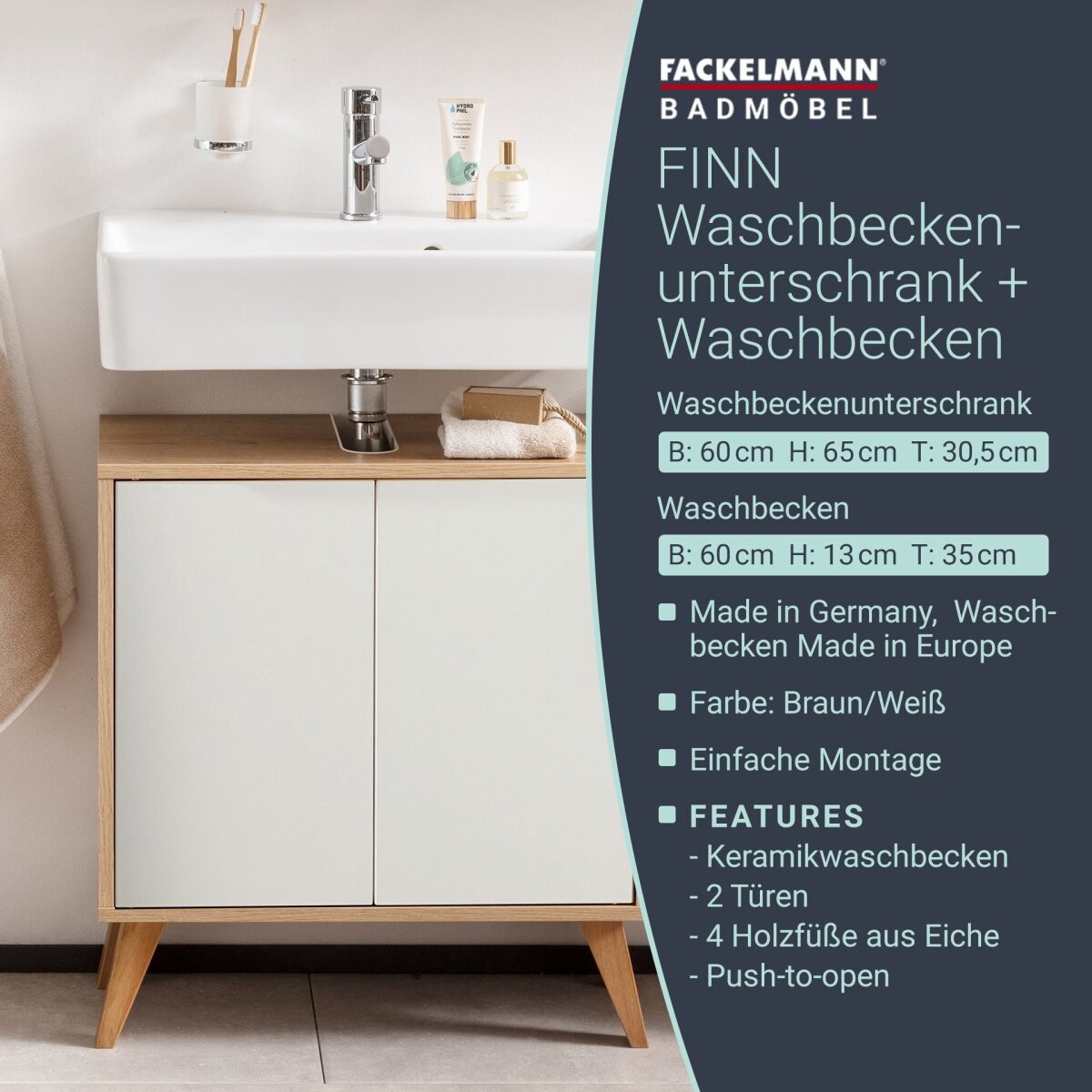 Fackelmann FINN Badmöbelset 3-teilig, 60 cm breit, mit Füßen, Braun hell/Weiß Fackelmann FINN Badmöbelset 3-teilig, 60 cm breit, mit Füßen, Braun hell/Weiß