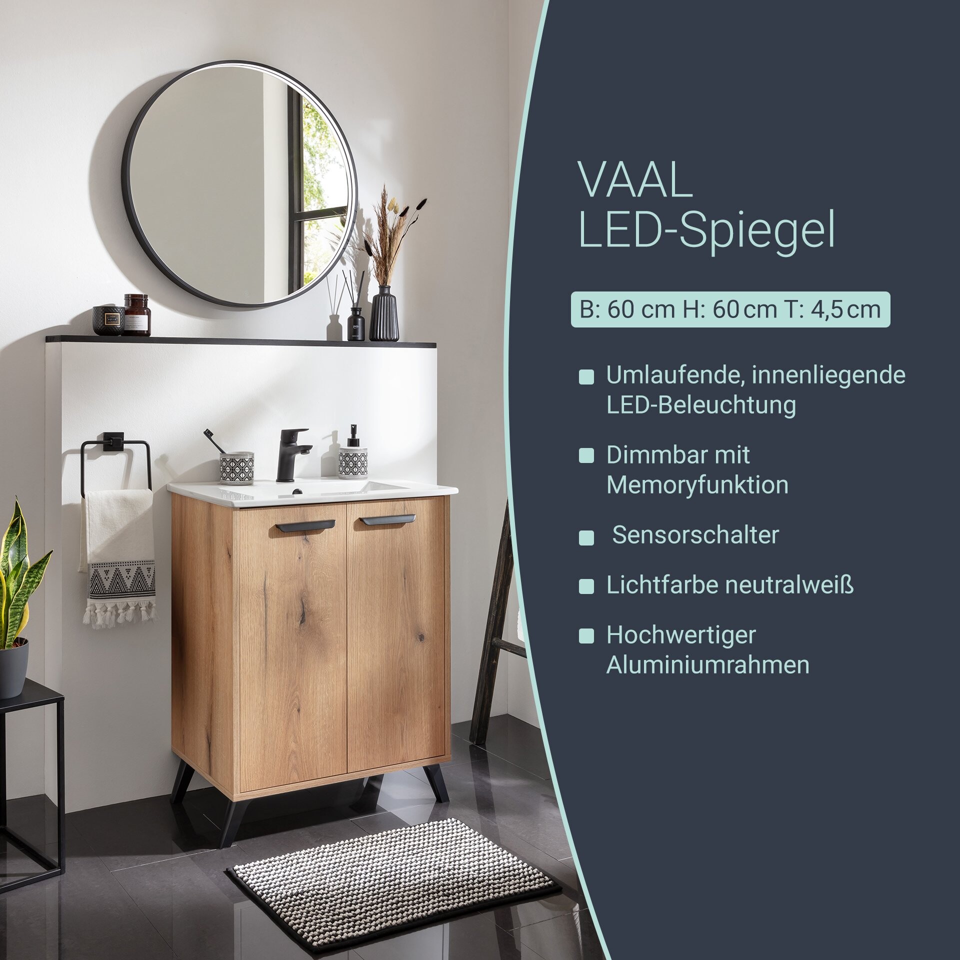 BADEDU VAAL LED Spiegel Ø 60 cm, rund, Schwarz, Sensor BADEDU VAAL LED Spiegel Ø 60 cm, rund, Schwarz, Sensor