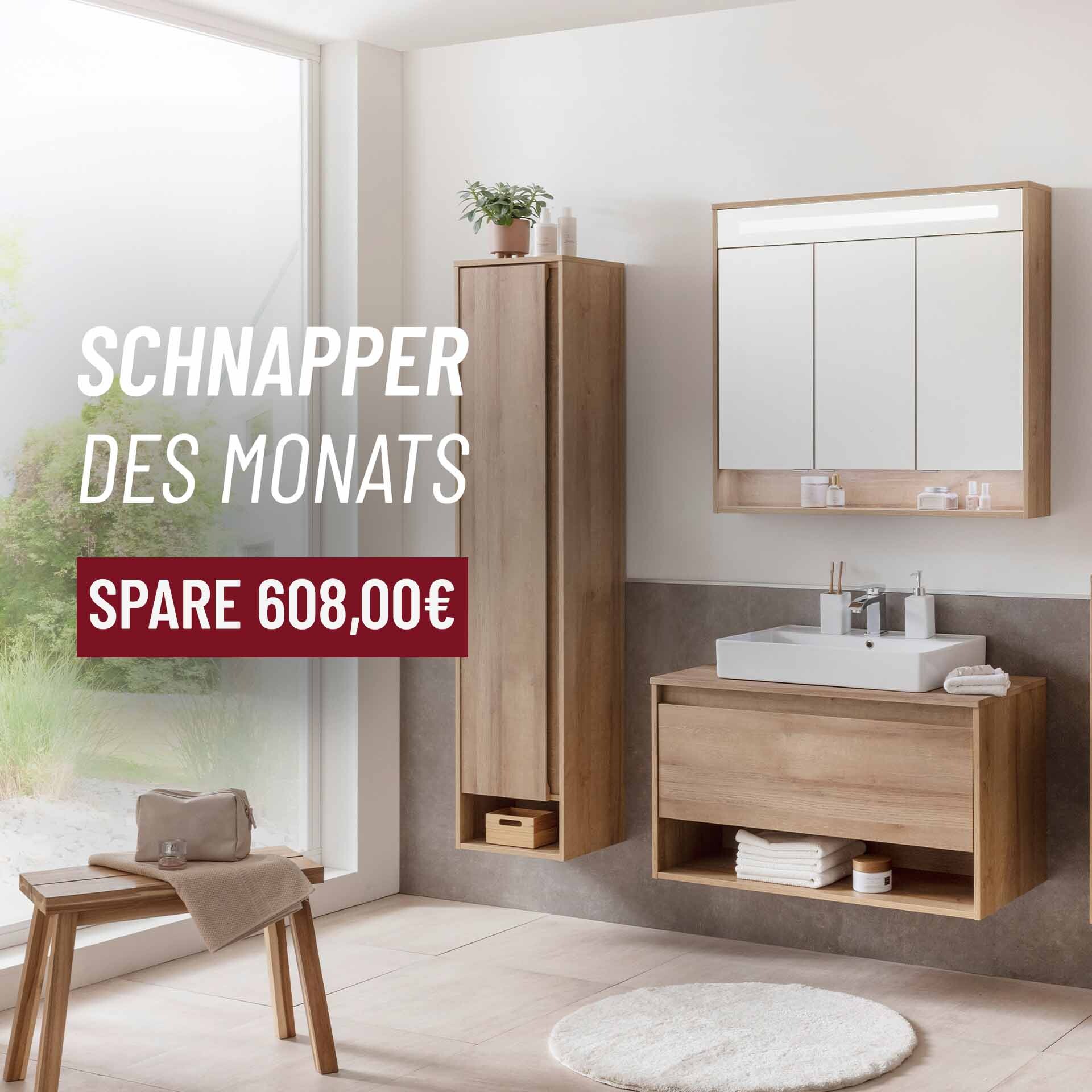 Fackelmann NATURA Badmöbel Set 4-teilig, 94 cm, Braun hell + Spiegelschrank + Hochschrank links