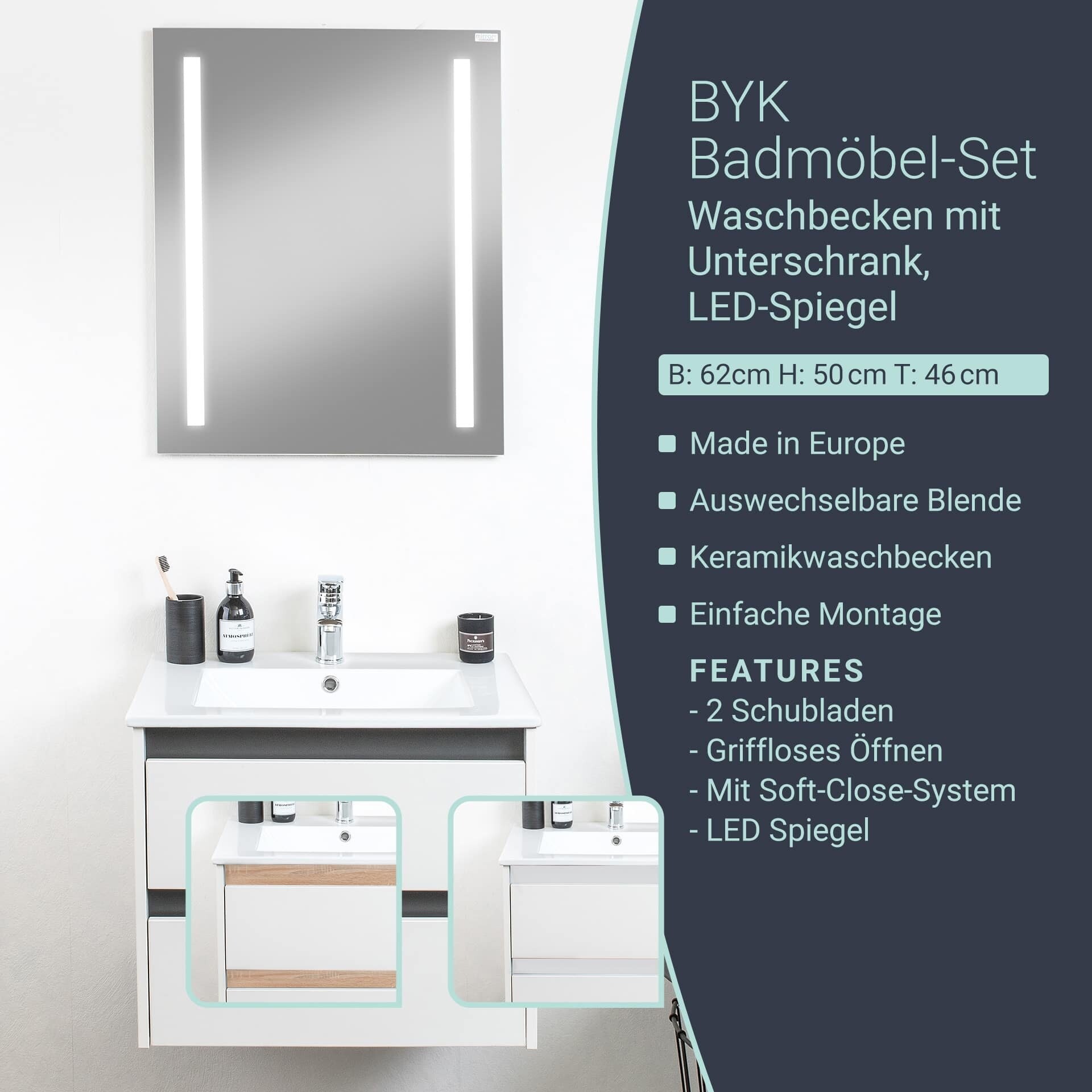 BadeDu BYK Badmöbelset 3-teilig 60 cm, Weiß/Braun/Anthrazit inkl. LED-Spiegel