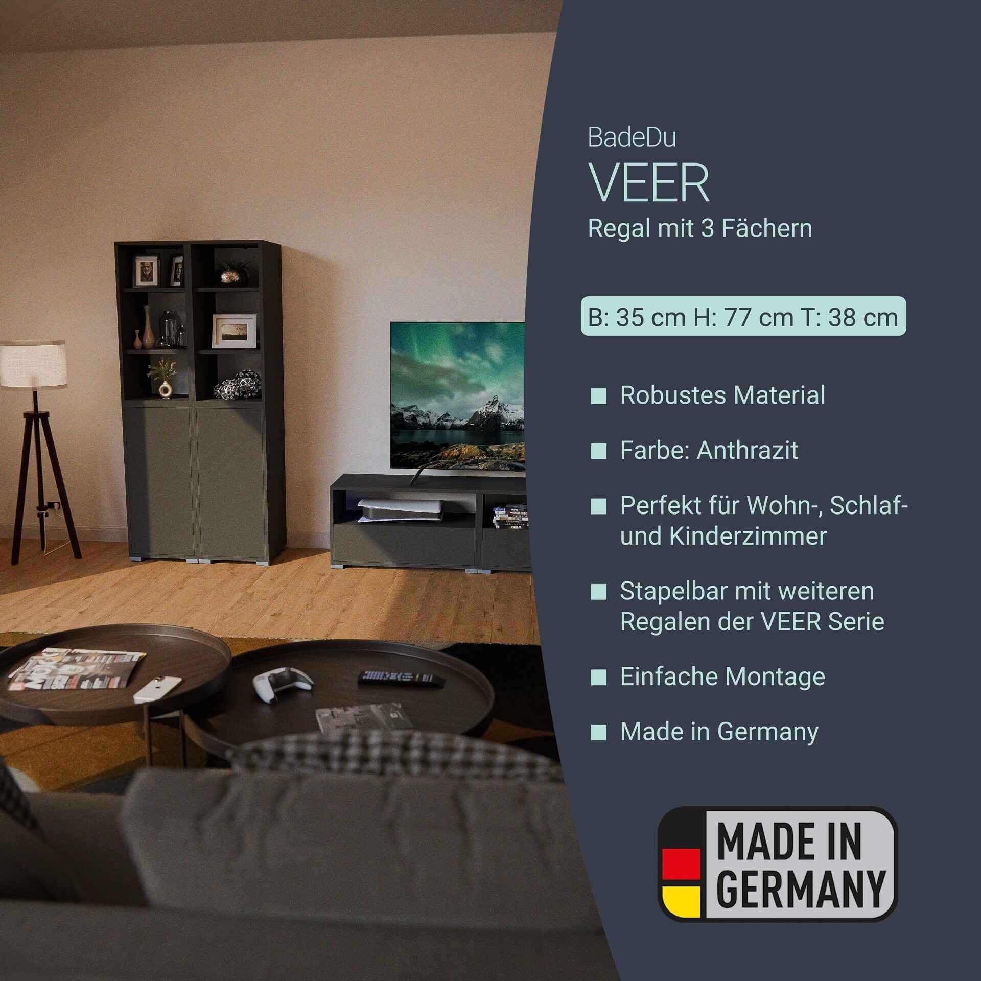 BADEDU VEER Regal 35 cm breit, Anthrazit, 3 Fächer