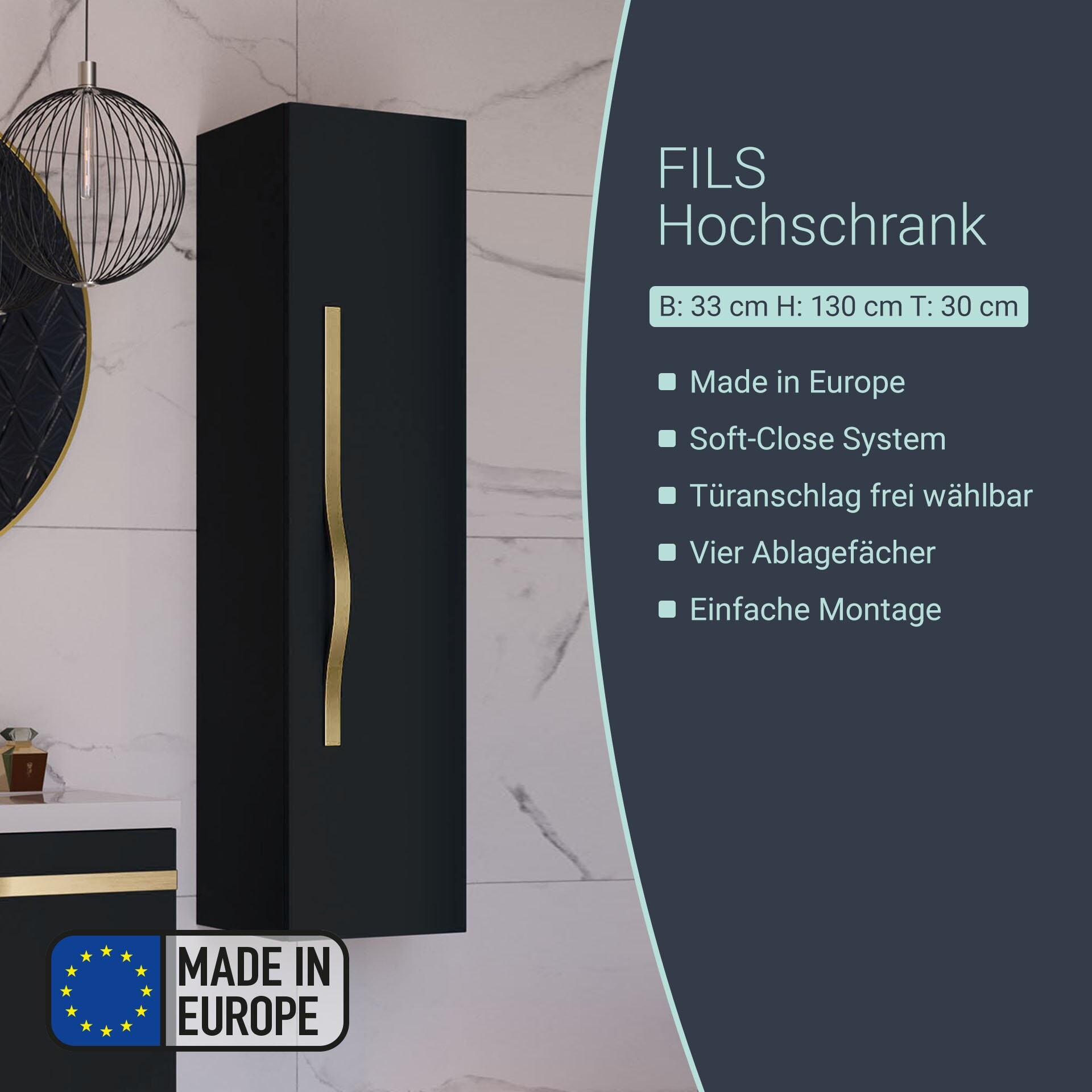 BADEDU FILS Hochschrank 33 cm breit, Schwarz, Griff Gold