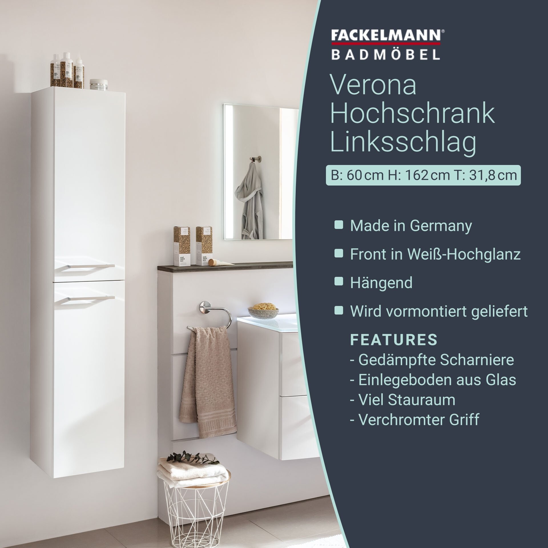 Fackelmann VERONA Hochschrank 30 cm, links, Weiß Hochglanz Fackelmann VERONA Hochschrank 30 cm, links, Weiß Hochglanz