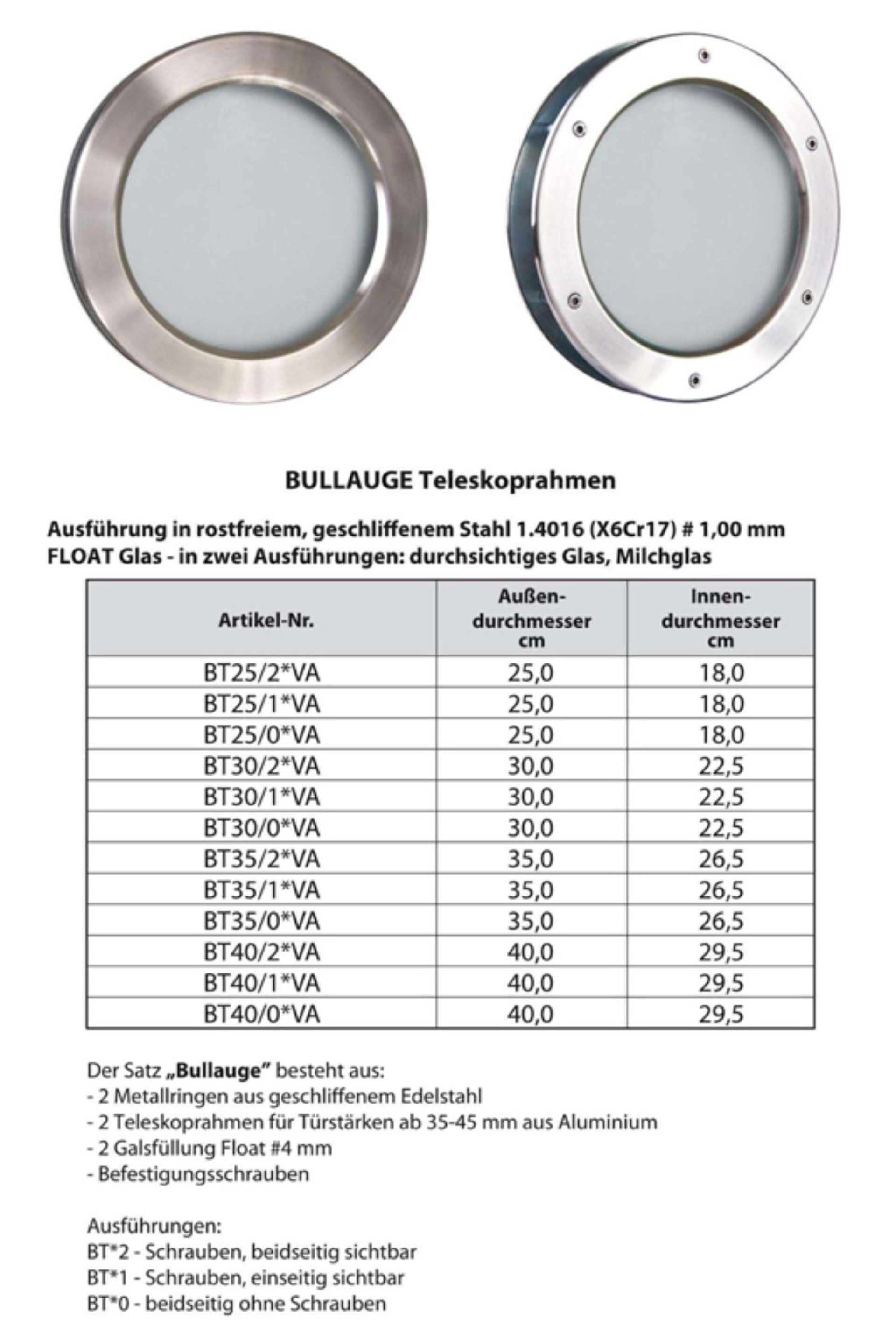 Bullauge ø 250 mm Klarglas Edelstahl mit Teleskoprahmen BT25/1 - einseitig Schrauben