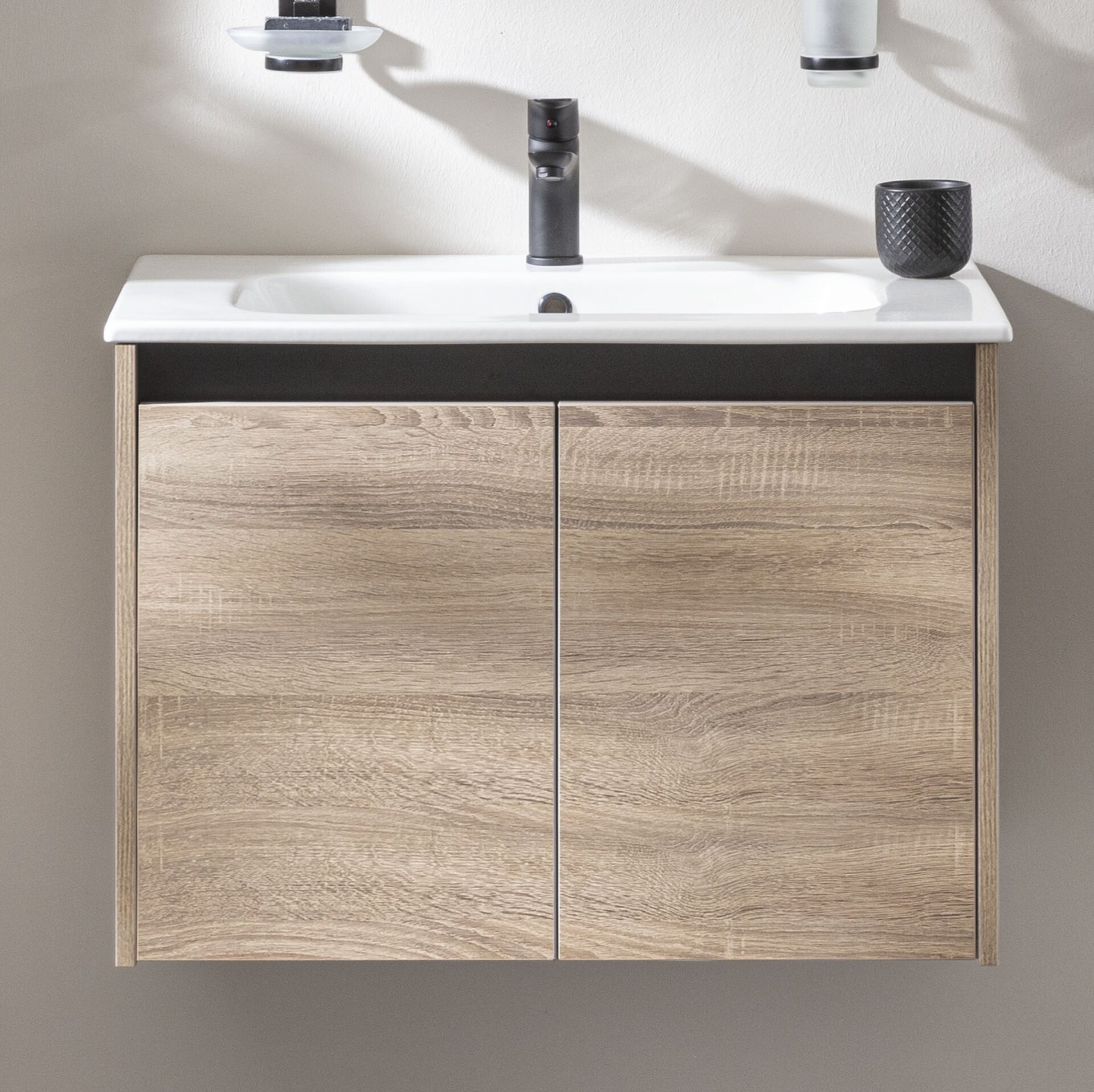 FACKELMANN COMPACT LINE Waschbecken mit Unterschrank 71 cm breit, Braun, Waschbecken Keramik Weiß, 2 Türen