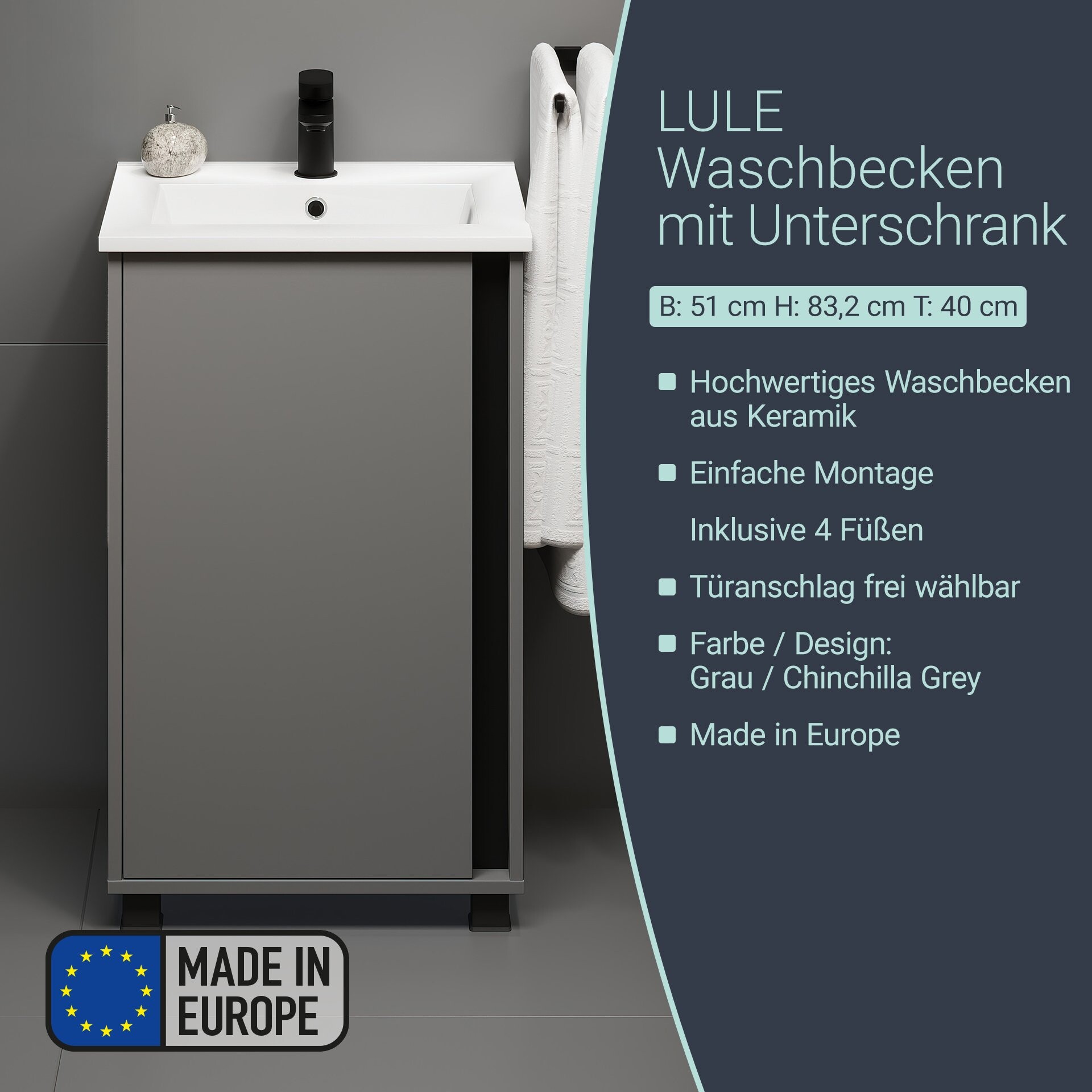 BADEDU LULE Gäste WC Waschtisch Set  51 cm breit, Grau, Waschbecken Keramik Weiß, mit Füßen