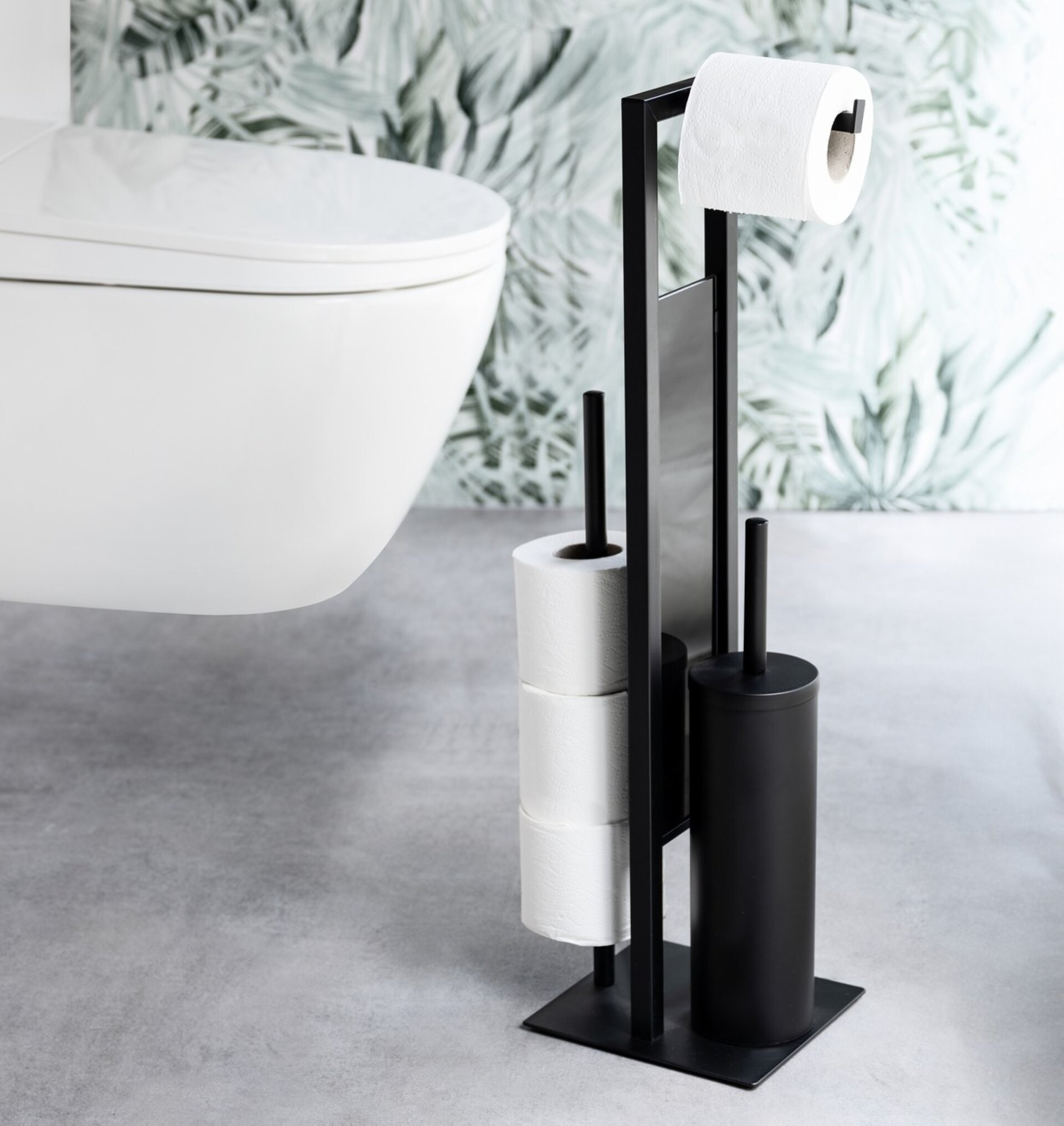 WENKO RIVALTA WC-Garnitur, Schwarz, mit Toilettenpapierhalter und Bevorrater, stehend