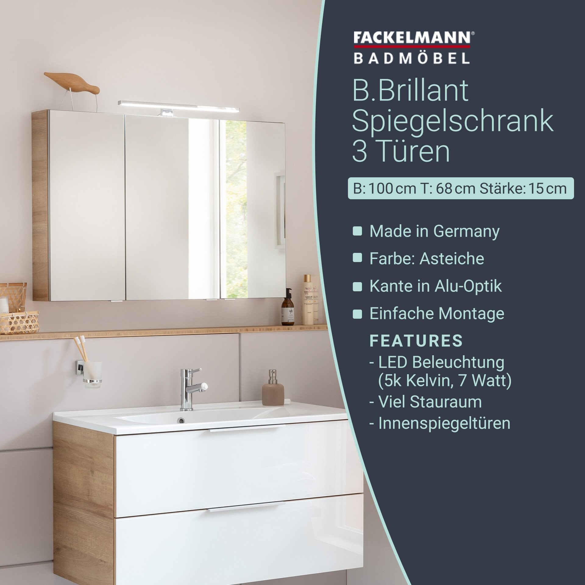 Fackelmann B.BRILLANT LED-Spiegelschrank, 100 cm breit, Braun hell