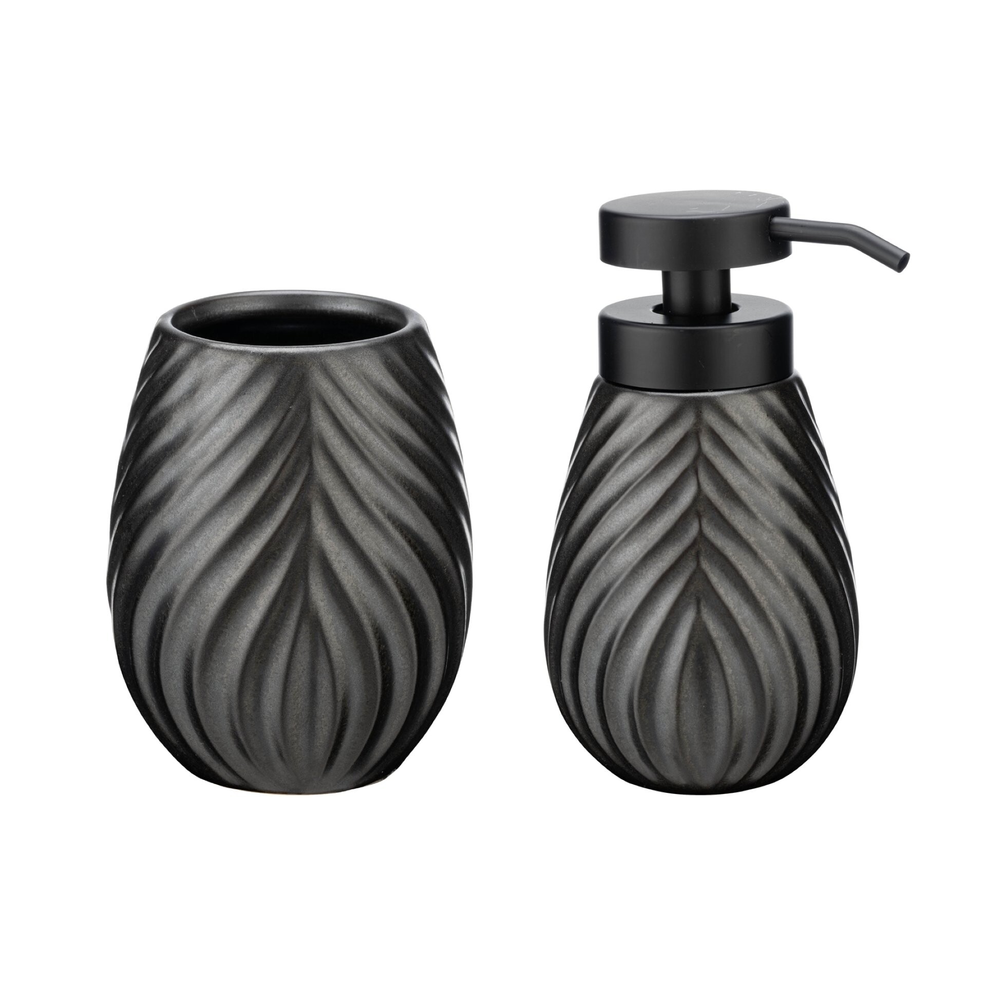 WENKO IDRO Accessoire Set, Schwarz, Zahnputzbecher, Seifenspender, Keramik