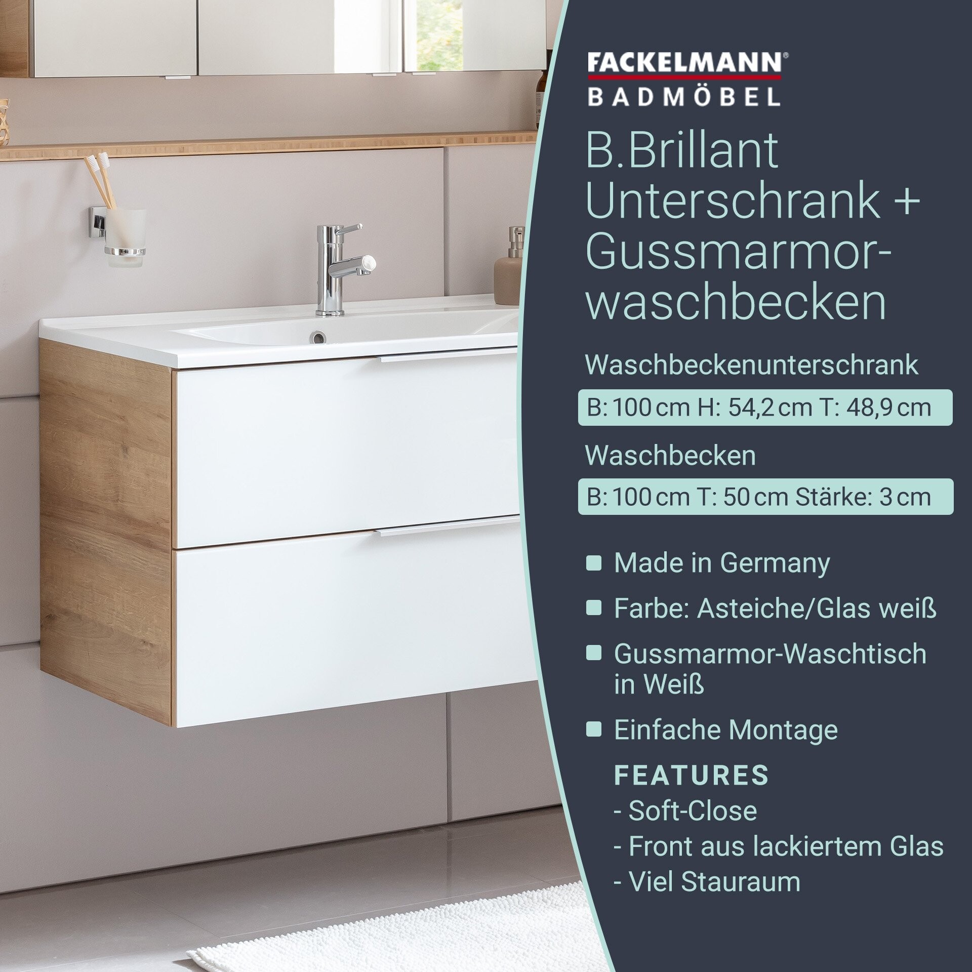 Fackelmann B.BRILLANT Badmöbel Set 2-teilig, 100 cm breit, Weiß Glas/Braun hell, Gussmarmor Fackelmann B.BRILLANT Badmöbel Set 2-teilig, 100 cm breit, Weiß Glas/Braun hell, Gussmarmor