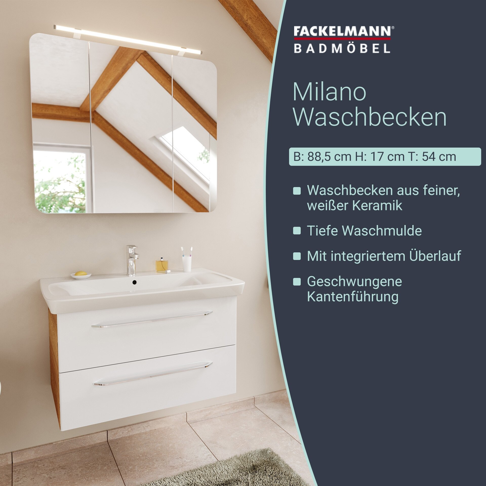 Fackelmann MILANO Waschbecken 88 cm Keramik, Weiß