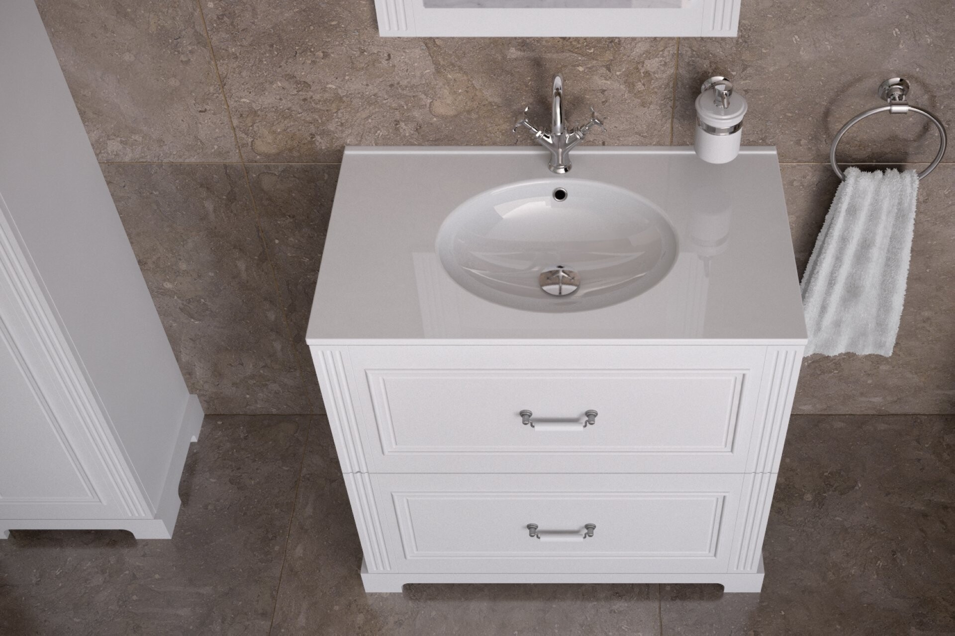 BADEDU RILA Waschbecken mit Unterschrank 80 cm breit, Weiß matt, Waschbecken Keramik Weiß, mit Füßen