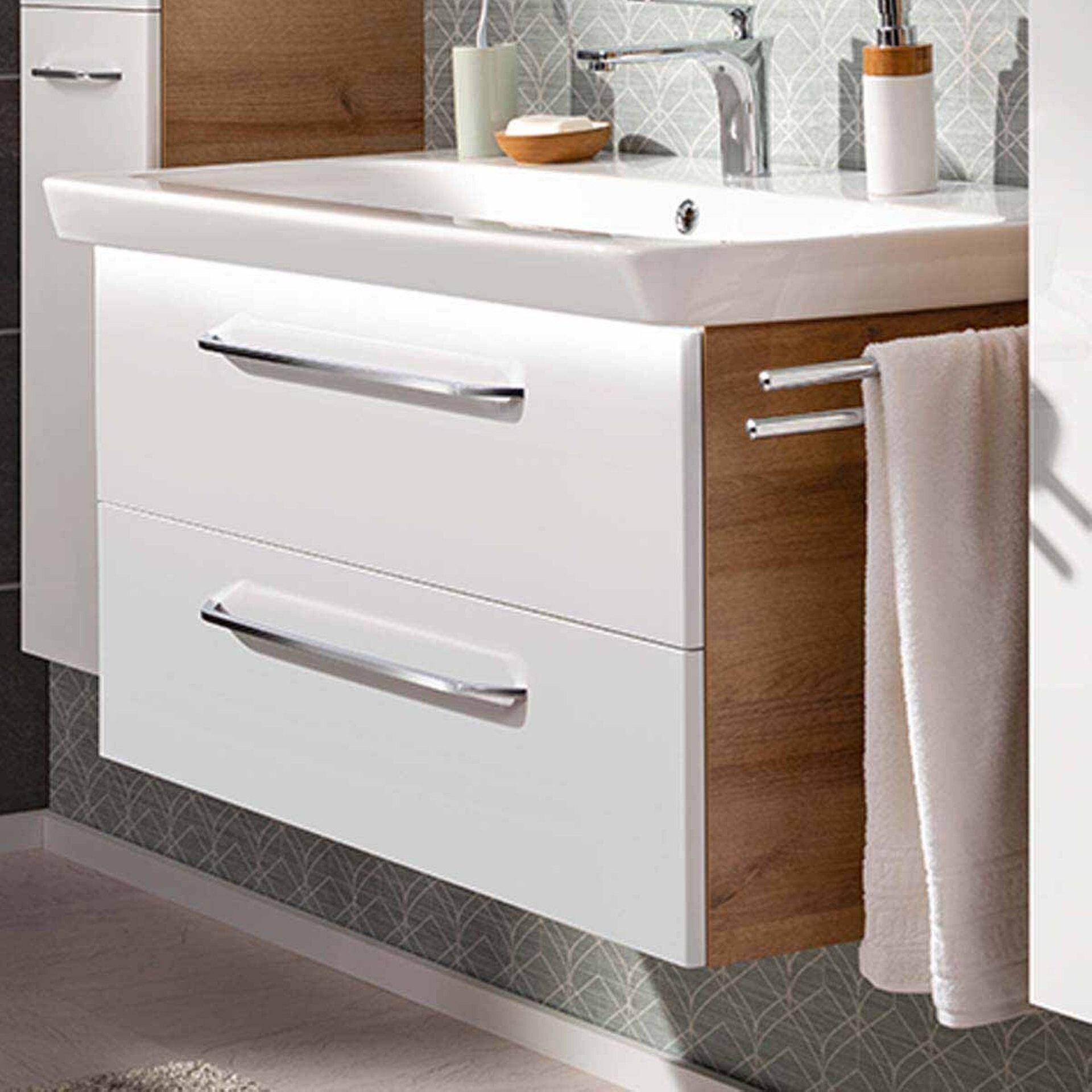 FACKELMANN MILANO Waschtisch mit Unterschrank, 88 cm breit, Braun hell/Weiß, Waschbecken Keramik FACKELMANN MILANO Waschtisch mit Unterschrank, 88 cm breit, Braun hell/Weiß, Waschbecken Keramik