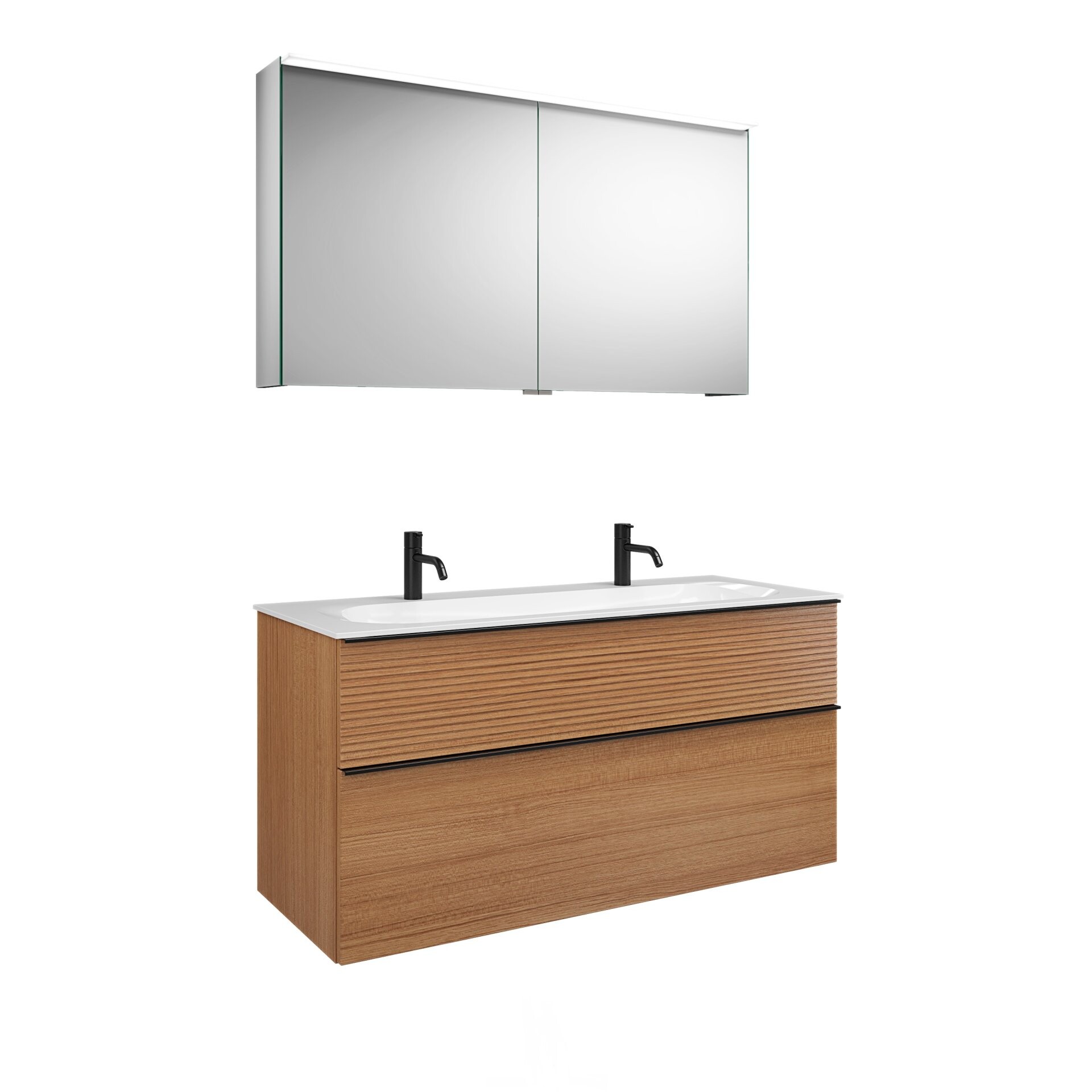 Burgbad FIUMO Waschtisch Set mit Spiegelschrank 122 cm breit, Braun, Doppelwaschbecken Gussmarmor Weiß