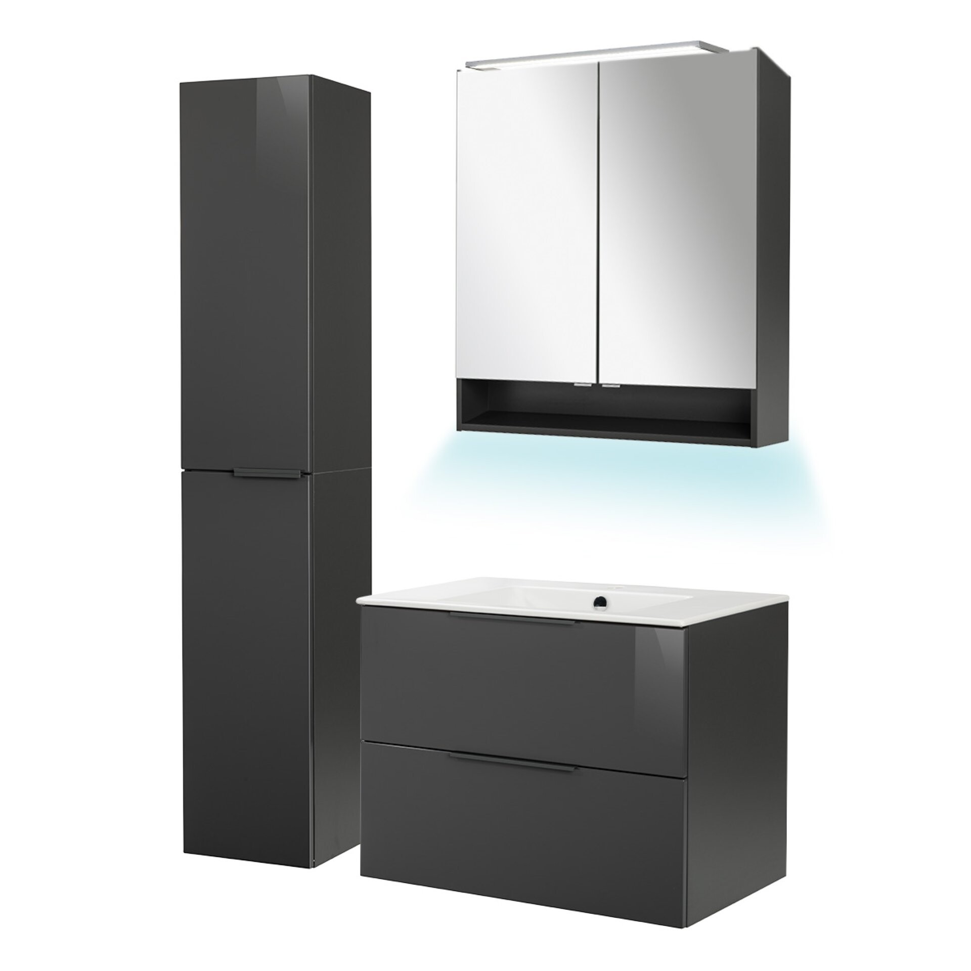 Fackelmann LUNA Badmöbel Set 5-teilig, 80 cm breit, Anthrazit, Keramik+Spiegelschrank+Hochschrank Fackelmann LUNA Badmöbel Set 5-teilig, 80 cm breit, Anthrazit, Keramik+Spiegelschrank+Hochschrank