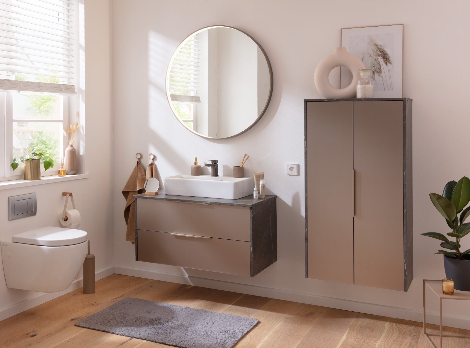 LANZET VIDRO Doppel Midischrank 60 cm breit, Braun/Marmor Grau LANZET VIDRO Doppel Midischrank 60 cm breit, Braun/Marmor Grau