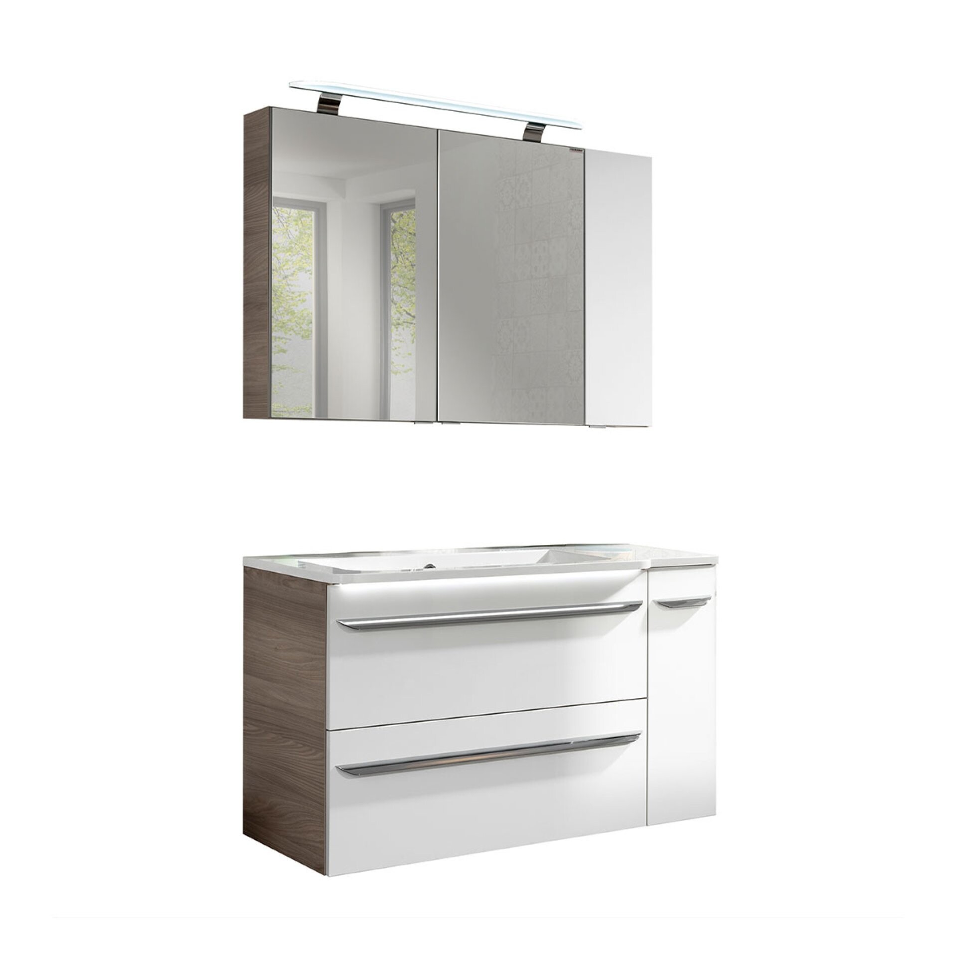 Fackelmann LUXOR Badmöbel Set 5-teilig 100 cm, Braun/Weiß + LED-Spiegelschrank + Badschränke rechts Fackelmann LUXOR Badmöbel Set 5-teilig 100 cm, Braun/Weiß + LED-Spiegelschrank + Badschränke rechts