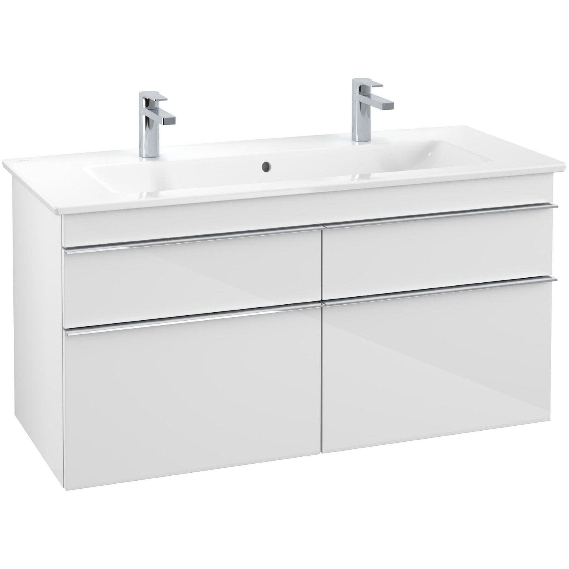 VILLEROY & BOCH VENTICELLO Waschbeckenunterschrank 115 cm breit, Weiß, Griff Chrom, 4 Schubladen, 2 Hahnlöcher