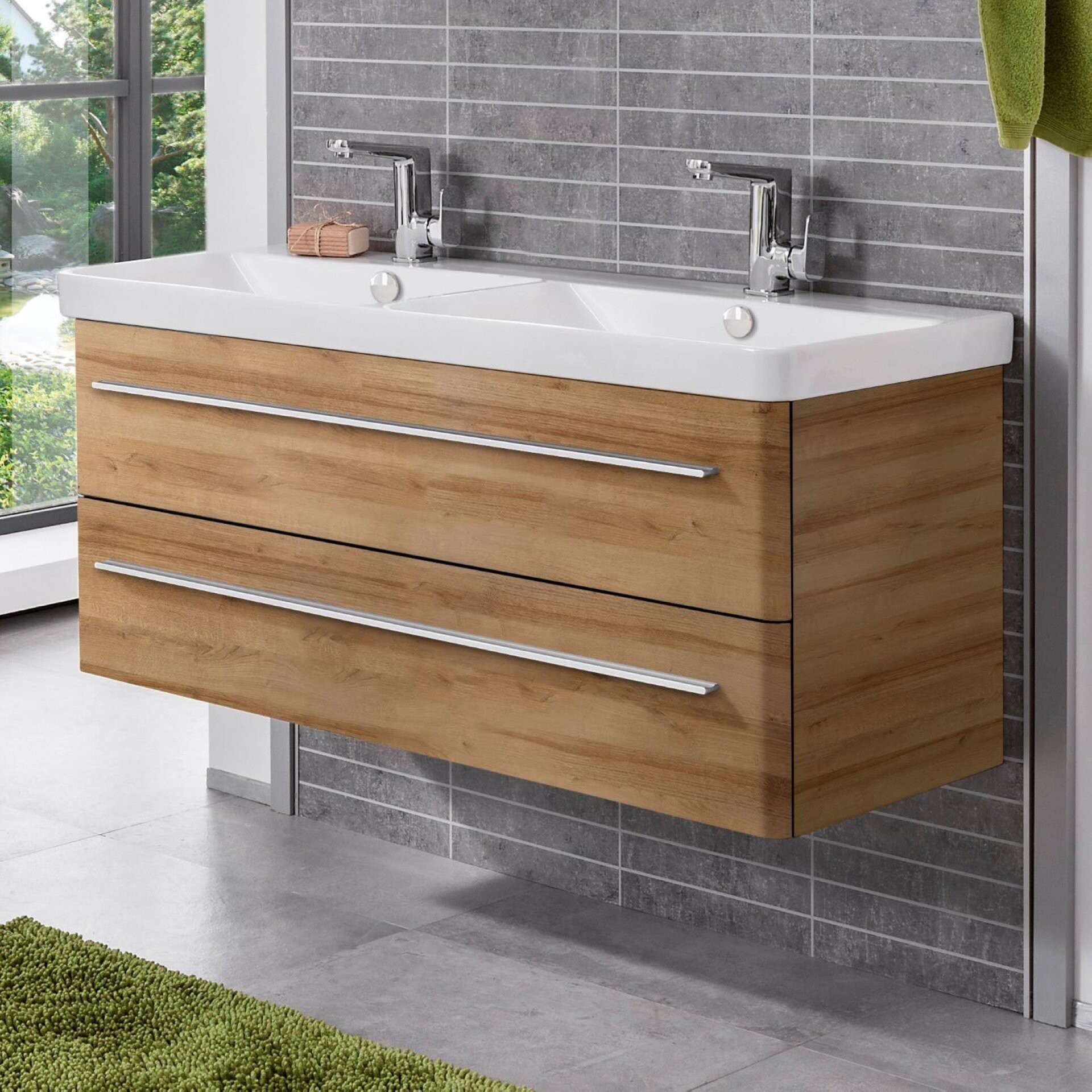 Lanzet K8 Badmöbel Set 2-teilig, Doppel-Waschtisch 120 cm Keramik, Hellbraun Lanzet K8 Badmöbel Set 2-teilig, Doppel-Waschtisch 120 cm Keramik, Hellbraun