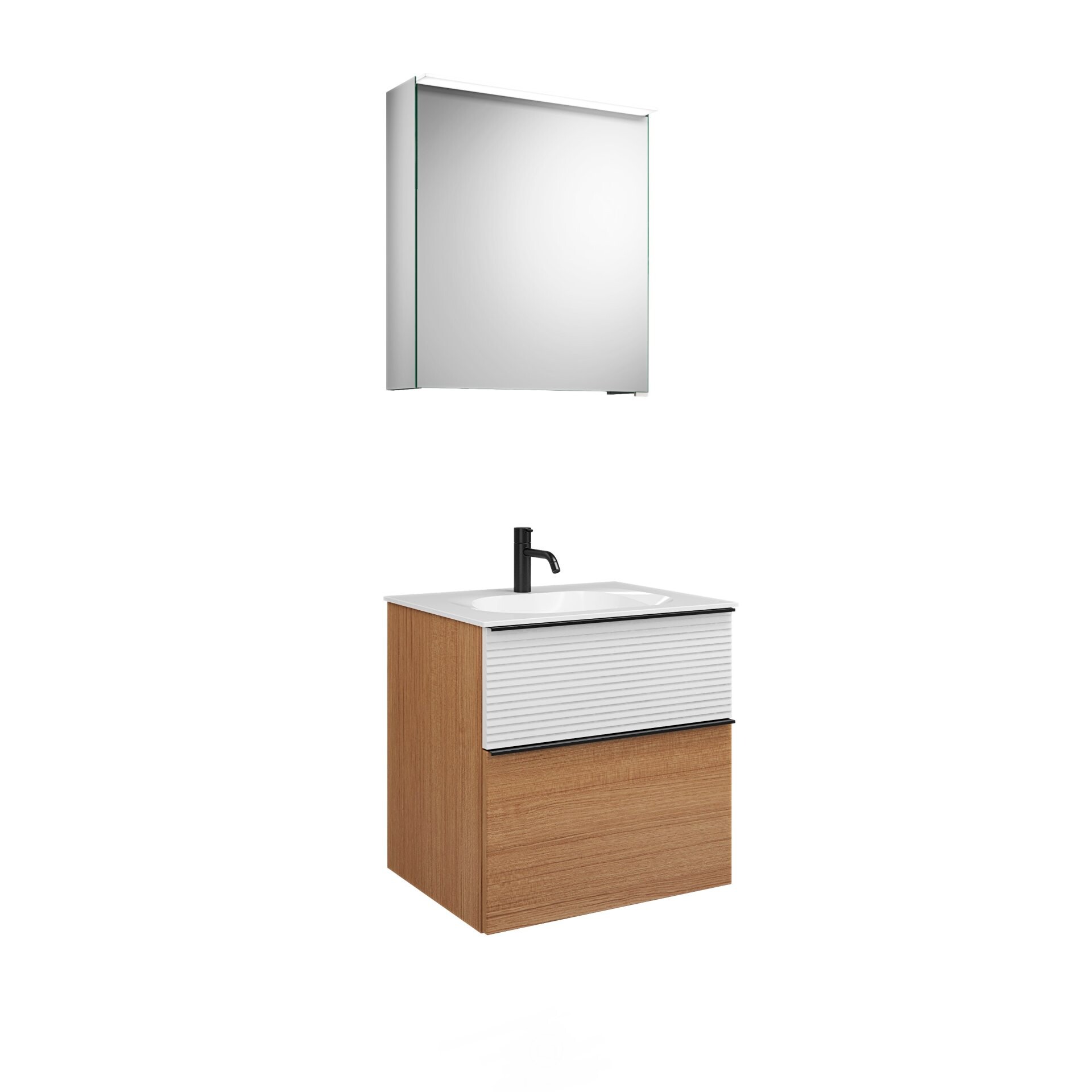 Burgbad FIUMO Waschtisch Set mit Spiegelschrank 62 cm breit, Weiß/Braun, Waschbecken Gussmarmor Weiß, Anschlag links Burgbad FIUMO Waschtisch Set mit Spiegelschrank 62 cm breit, Weiß/Braun, Waschbecken Gussmarmor Weiß, Anschlag links