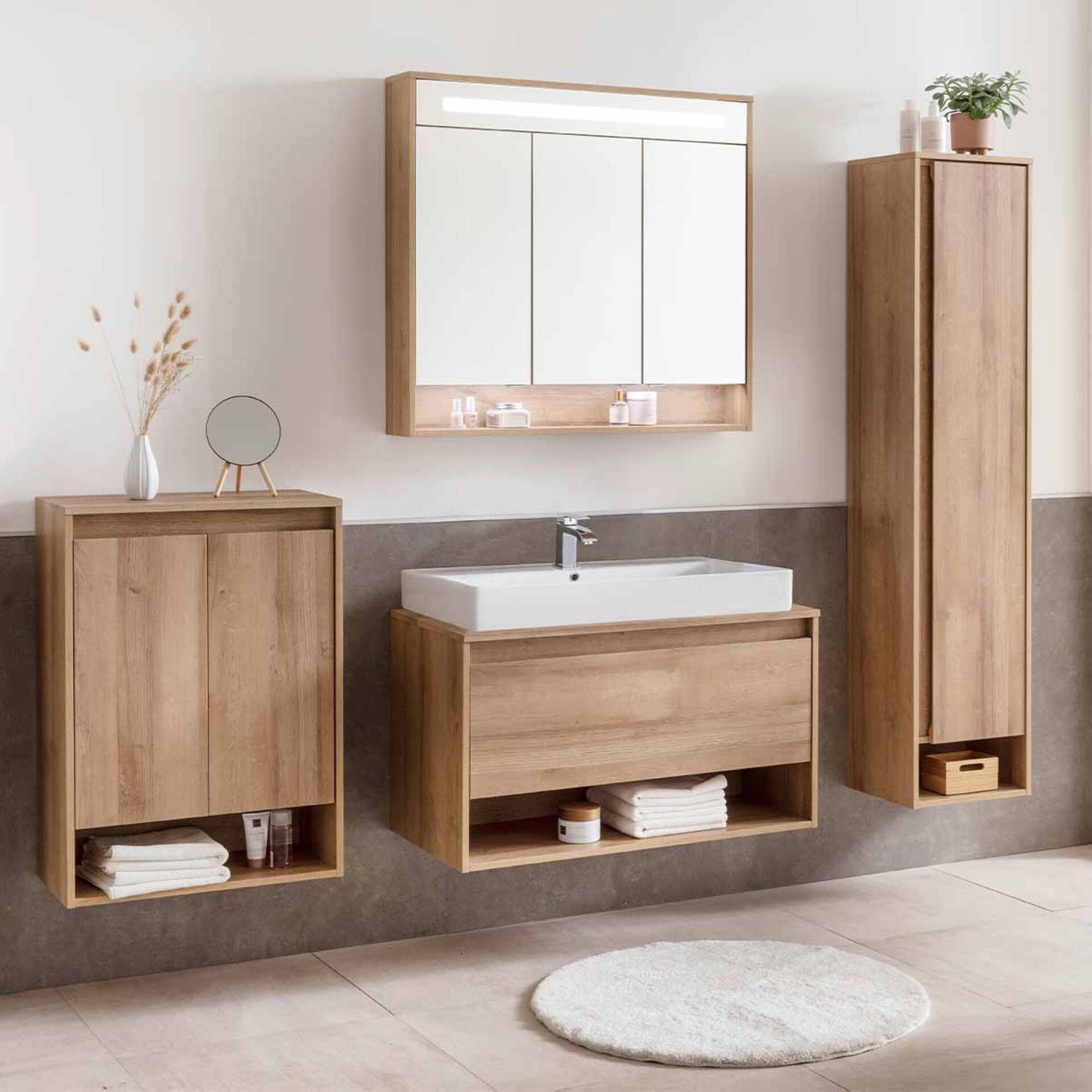 Fackelmann NATURA Badmöbelset 5-teilig, 94 cm, Braun hell + Spiegelschrank + Midischrank + Hochschrank rechts Fackelmann NATURA Badmöbelset 5-teilig, 94 cm, Braun hell + Spiegelschrank + Midischrank + Hochschrank rechts