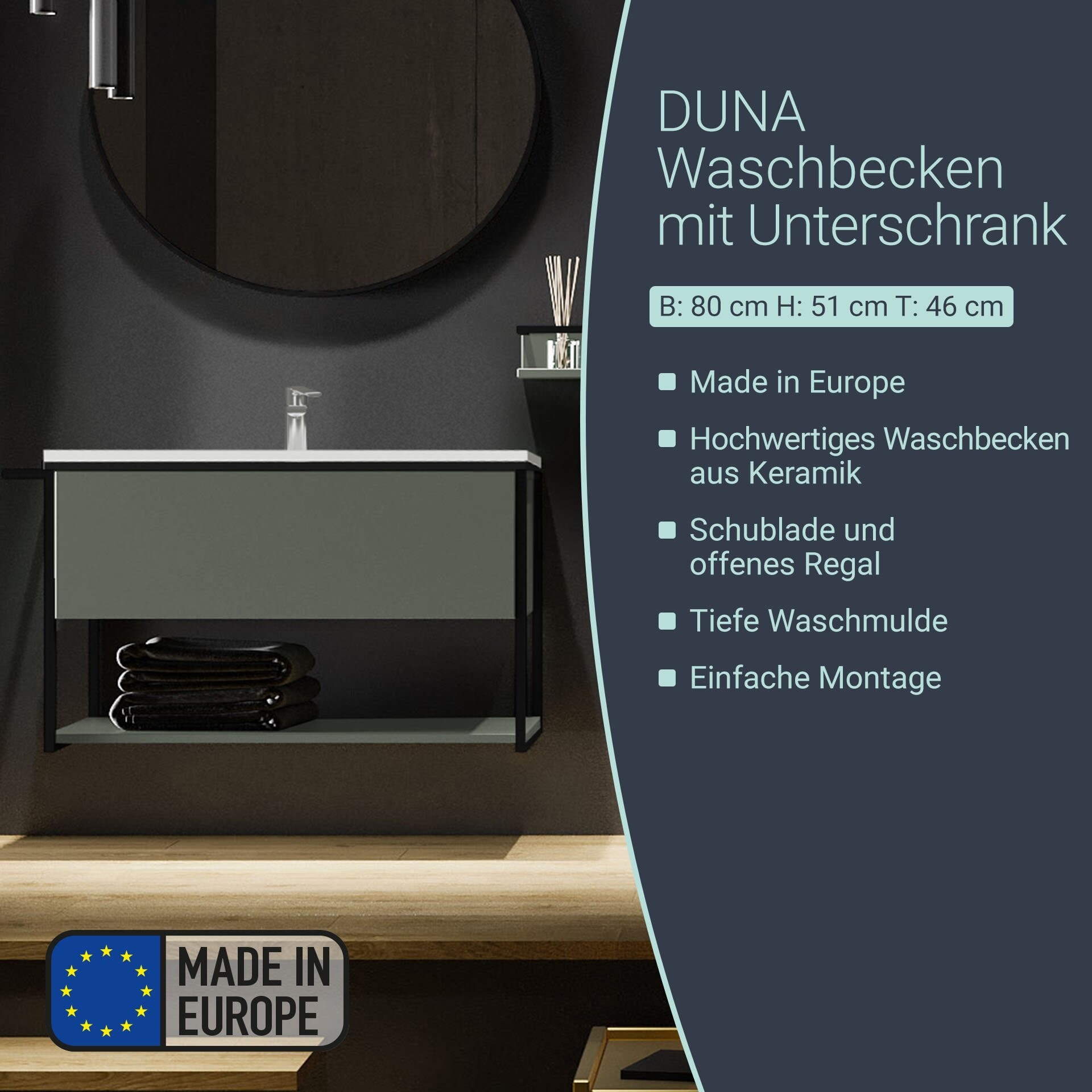 BADEDU DUNA Waschbecken mit Unterschrank 80 cm breit, Grün, Waschbecken Keramik Weiß