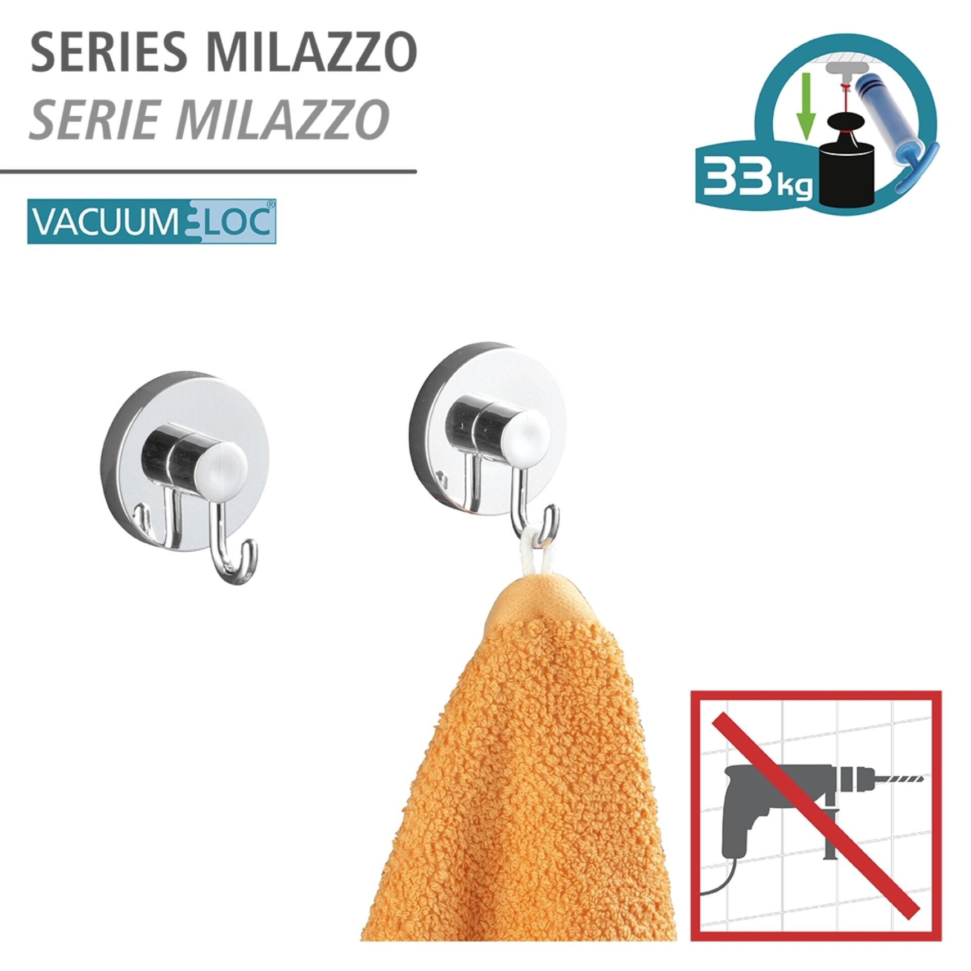 WENKO MILAZZO Accessoire Set, Chrom glänzend, Toilettenpapierhalter, Handtuchhaken, Edelstahl, Vacuum-Loc