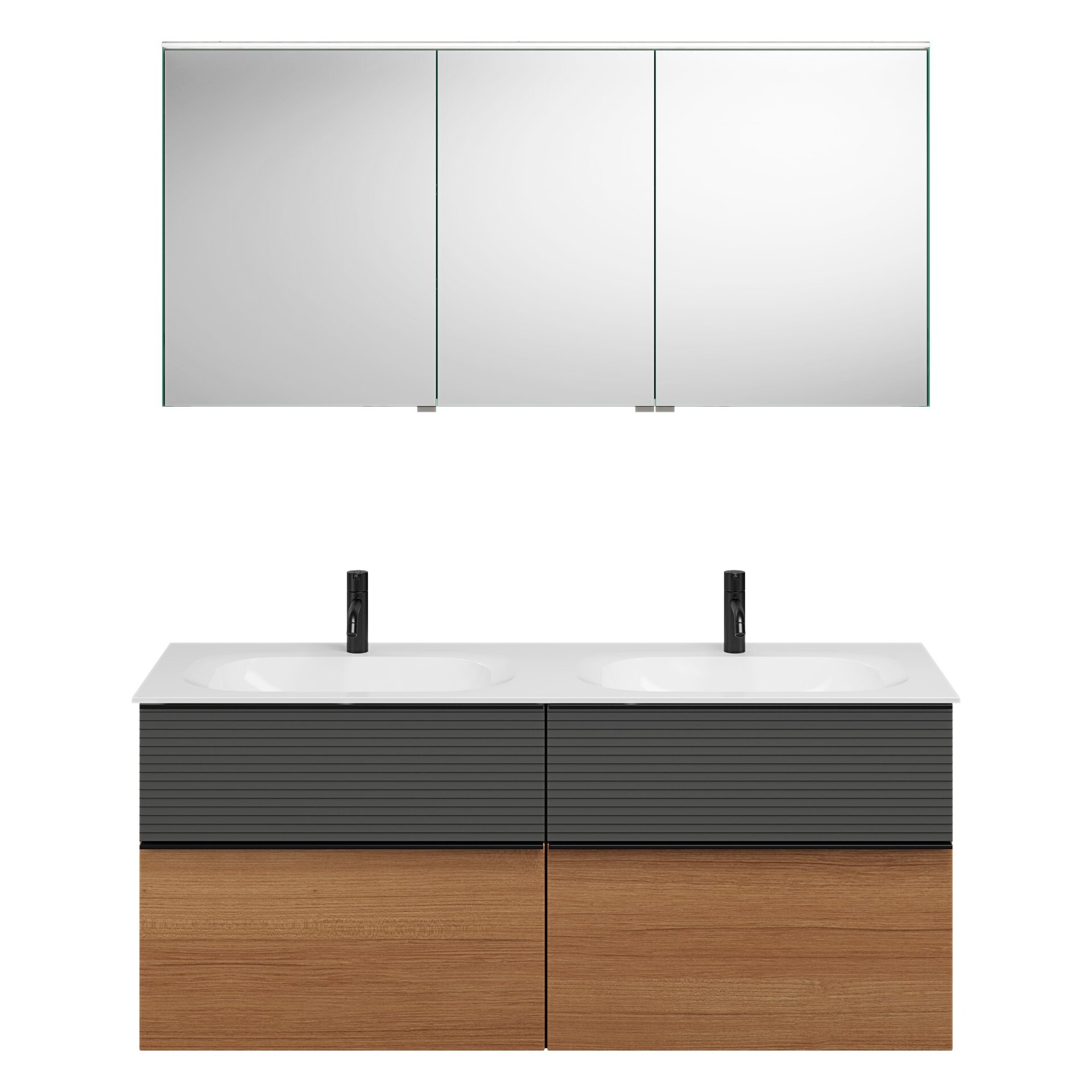 Burgbad FIUMO Waschtisch Set mit Spiegelschrank 142 cm breit, Anthrazit/Braun, Doppelwaschbecken Gussmarmor Weiß, 4 Schubladen, Anschlag links Burgbad FIUMO Waschtisch Set mit Spiegelschrank 142 cm breit, Anthrazit/Braun, Doppelwaschbecken Gussmarmor Weiß, 4 Schubladen, Anschlag links