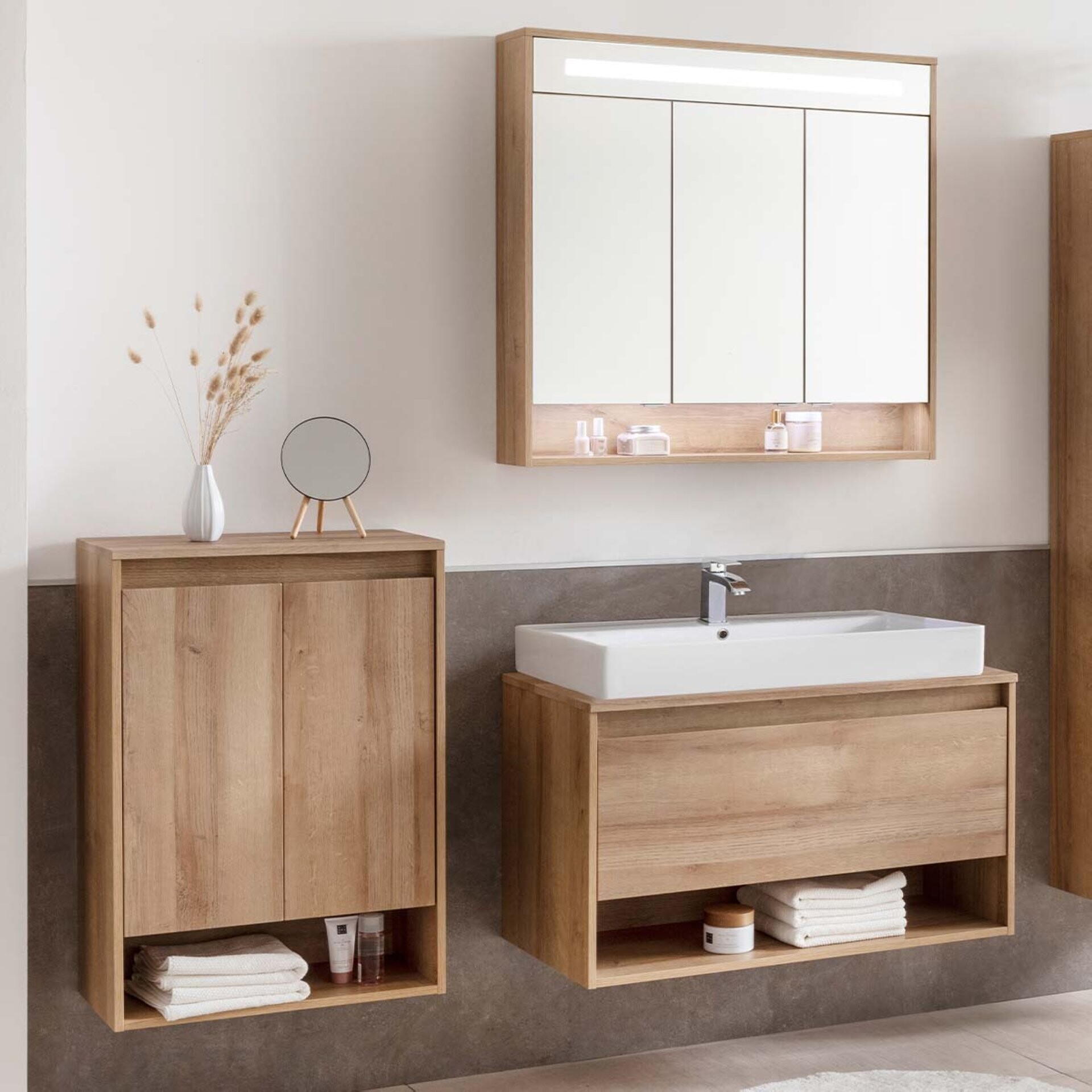 Fackelmann NATURA Badmöbelset 4-teilig, 94 cm, Braun hell + Spiegelschrank + Doppel-Midischrank Fackelmann NATURA Badmöbelset 4-teilig, 94 cm, Braun hell + Spiegelschrank + Doppel-Midischrank