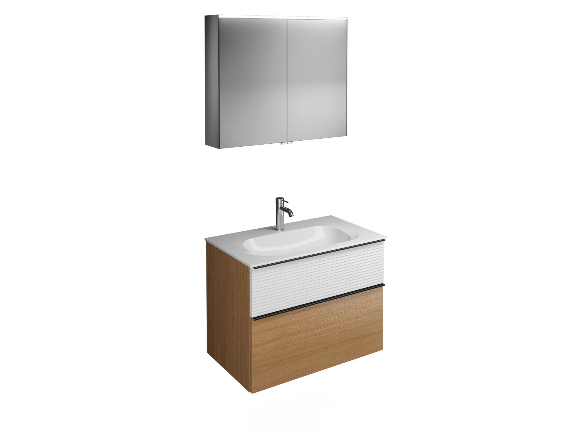Burgbad FIUMO Waschtisch Set mit Spiegelschrank 82 cm breit, Weiß/Braun, Waschbecken Gussmarmor Weiß Burgbad FIUMO Waschtisch Set mit Spiegelschrank 82 cm breit, Weiß/Braun, Waschbecken Gussmarmor Weiß