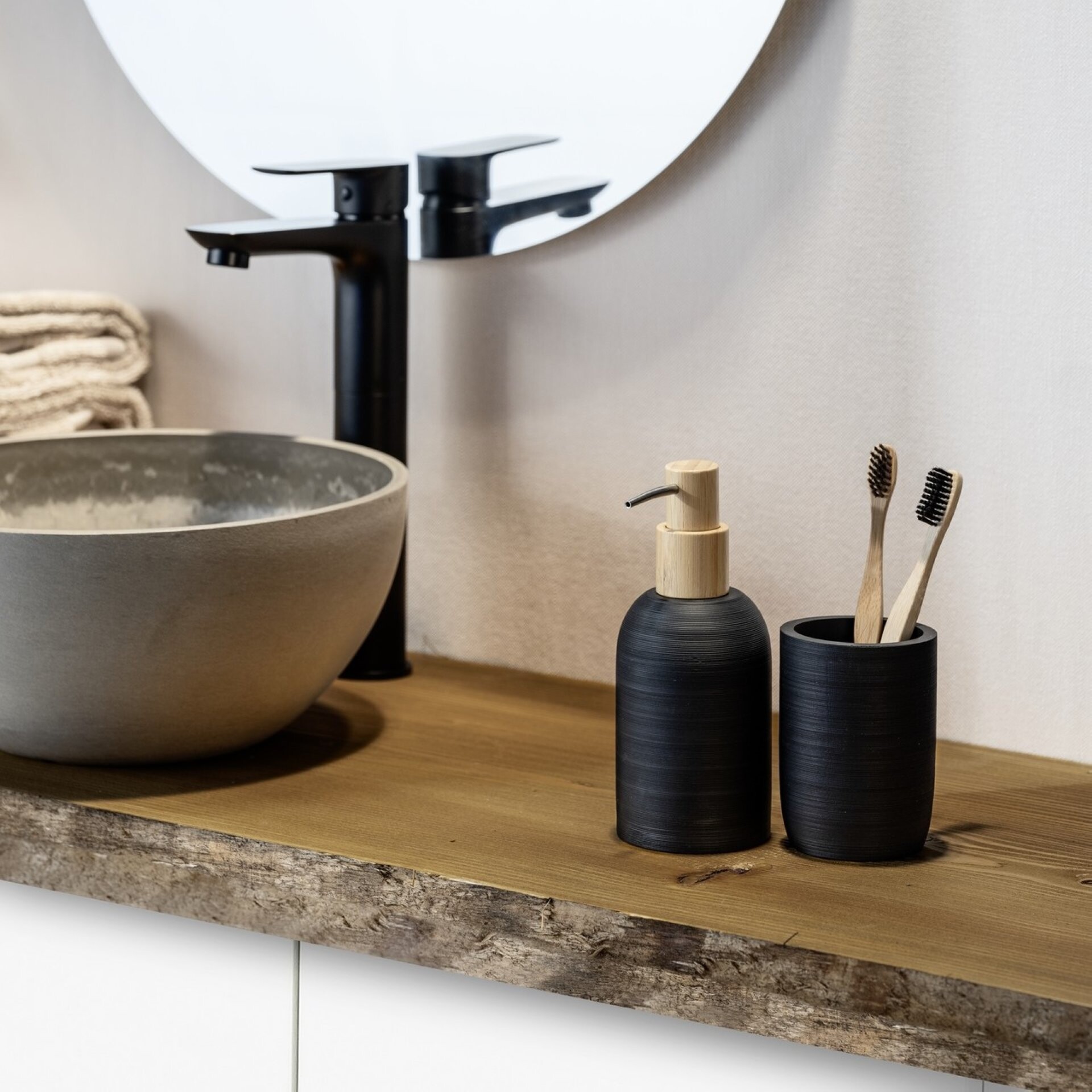 WENKO ALTAVALLE Accessoire Set, Schwarz, Zahnputzbecher, Seifenspender, Keramik