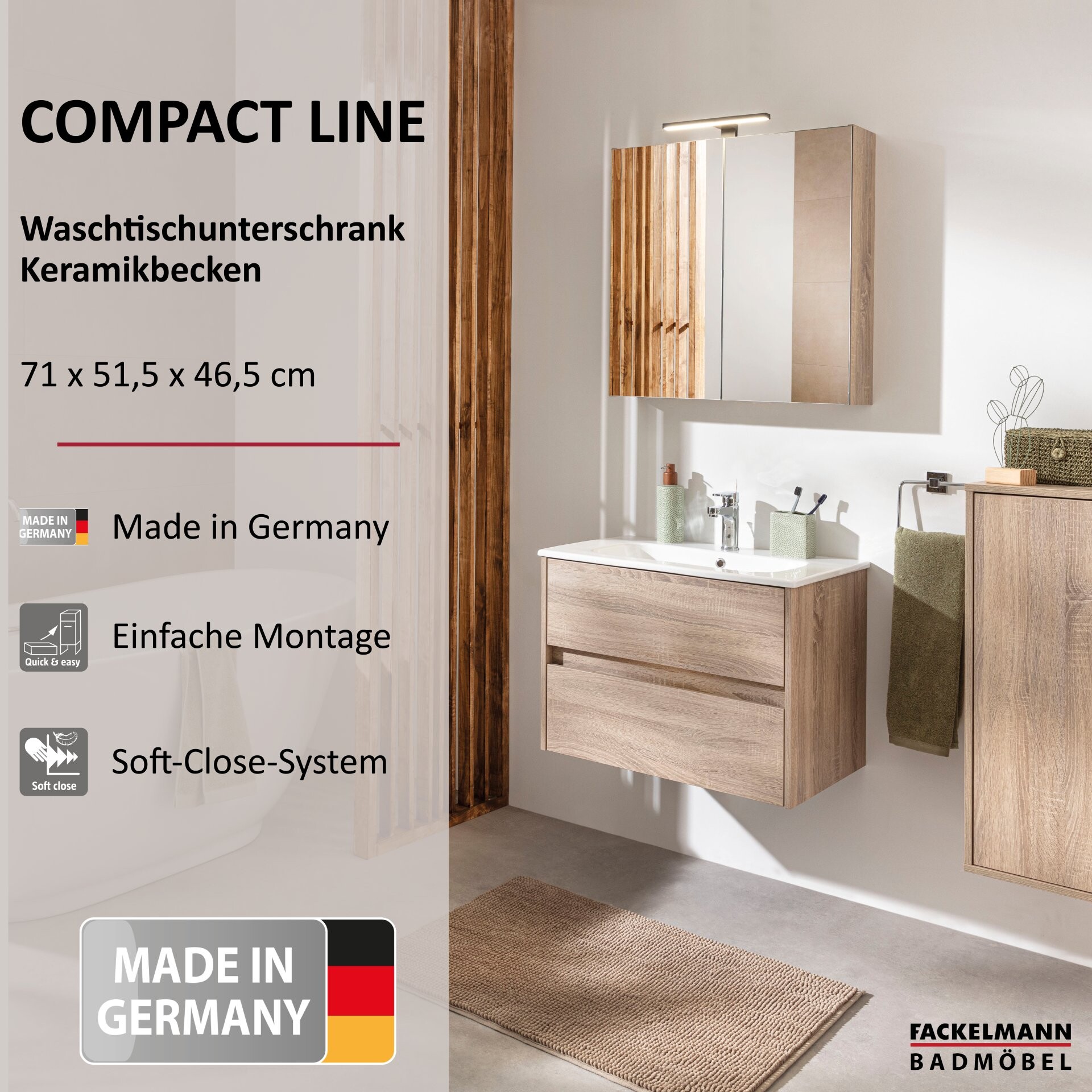 FACKELMANN COMPACT LINE Waschbecken mit Unterschrank 71 cm breit, Braun, Waschbecken Keramik Weiß, 2 Schubladen