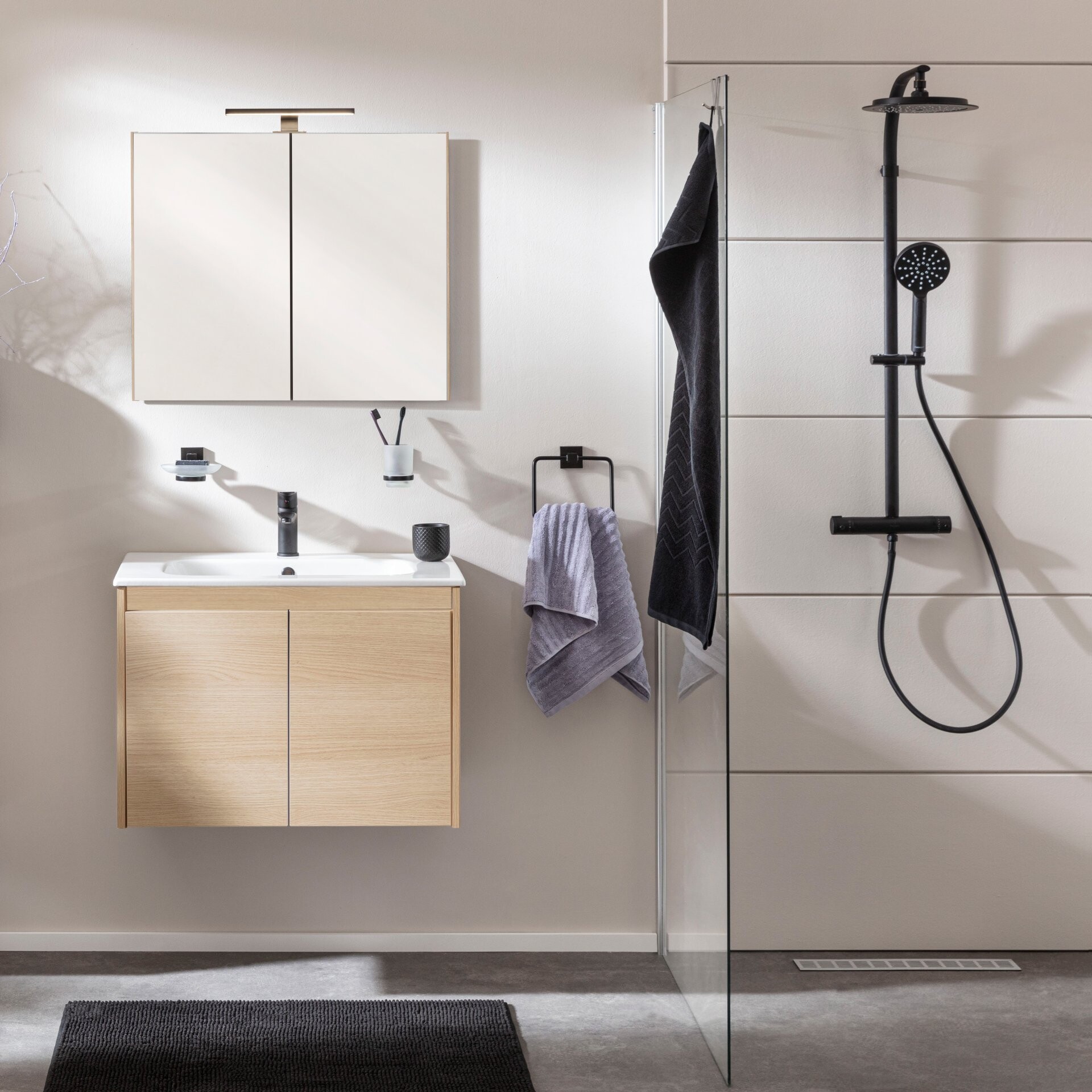 FACKELMANN COMPACT LINE Waschtisch Set mit Spiegelschrank 71 cm breit, Braun hell, Waschbecken Keramik Weiß, inklusive Aufsatzleuchte und Energie Box