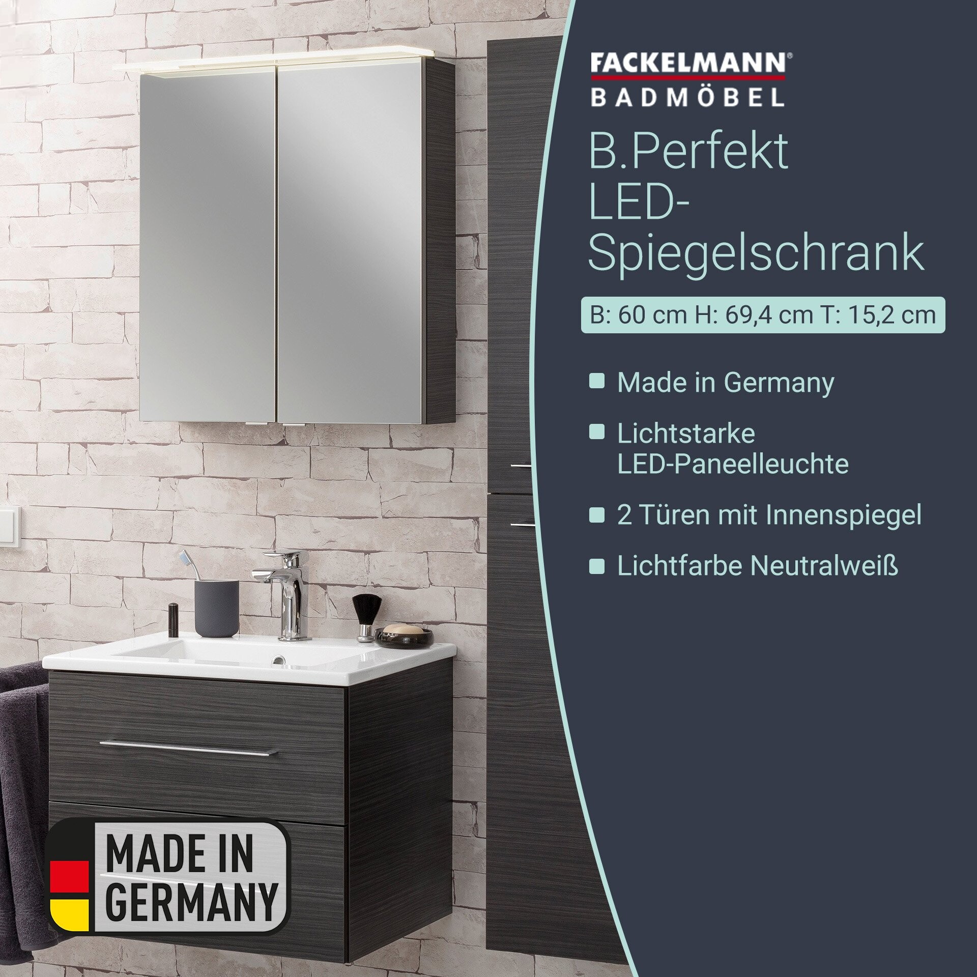 Fackelmann B.PERFEKT LED Spiegelschrank 60 cm breit, Anthrazit Fackelmann B.PERFEKT LED Spiegelschrank 60 cm breit, Anthrazit