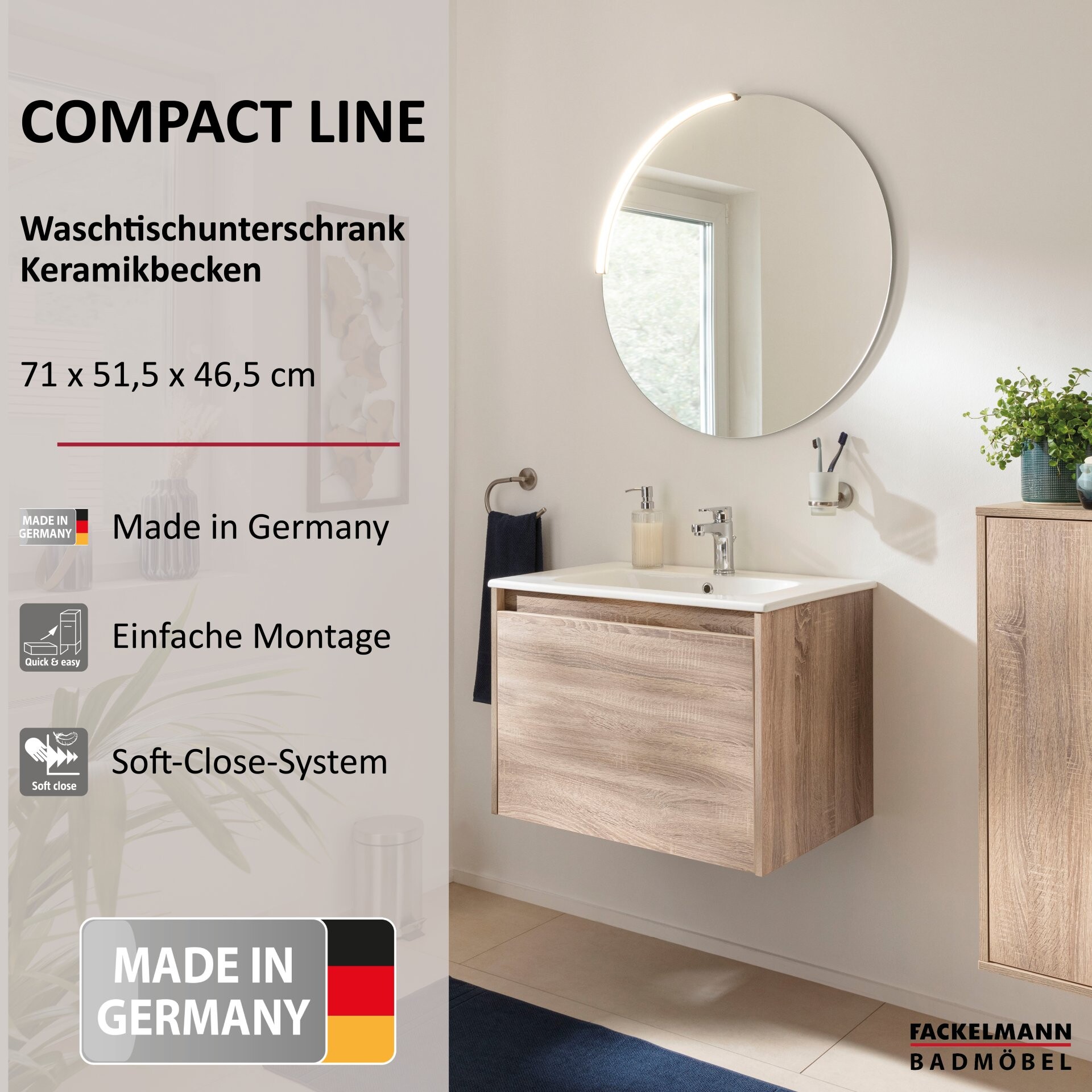 FACKELMANN COMPACT LINE Waschbecken mit Unterschrank 71 cm breit, Braun, Waschbecken Keramik Weiß, 1 Schublade