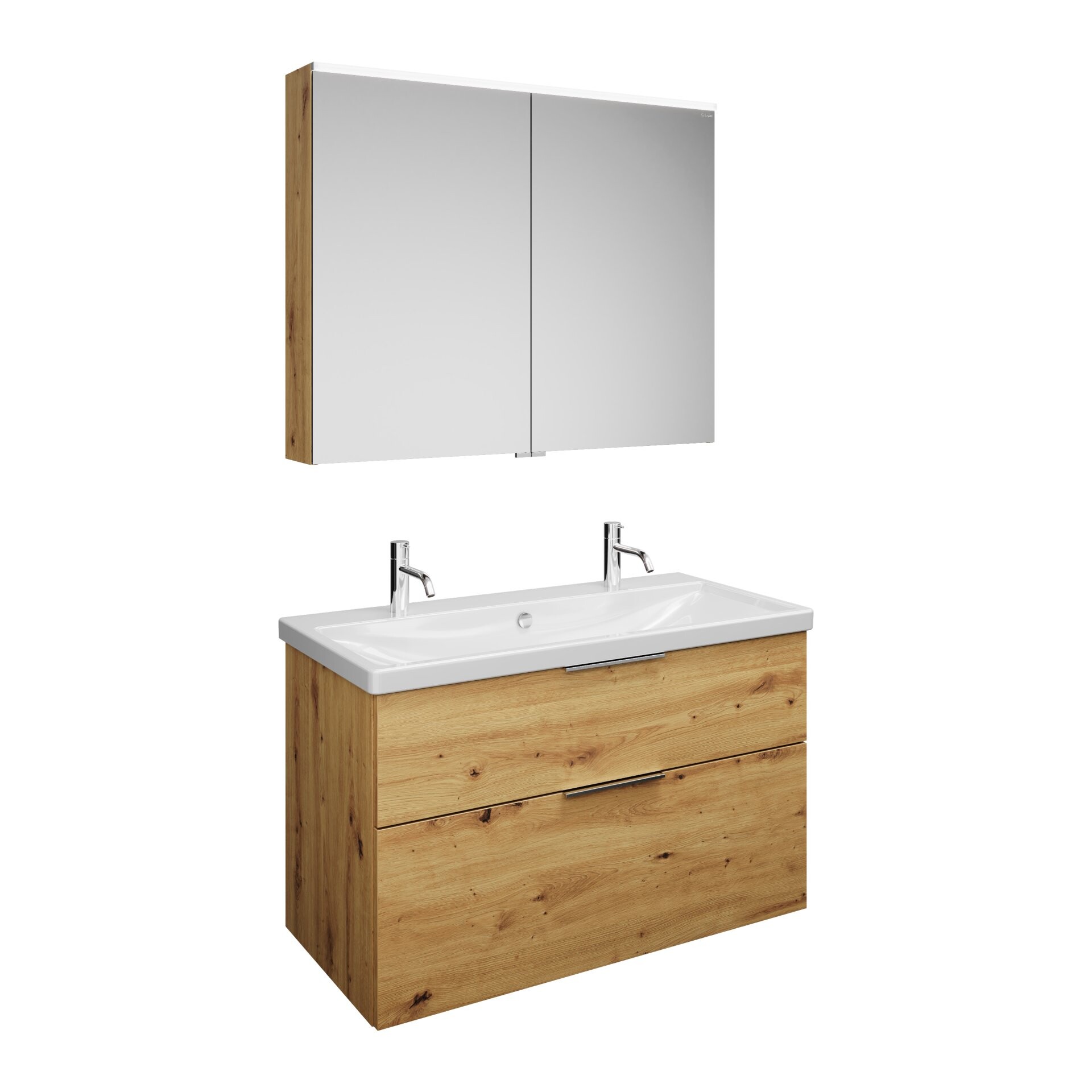 Burgbad EQIO Waschtisch Set mit Spiegelschrank 103 cm breit, Braun, Doppelwaschbecken Keramik Weiß Burgbad EQIO Waschtisch Set mit Spiegelschrank 103 cm breit, Braun, Doppelwaschbecken Keramik Weiß