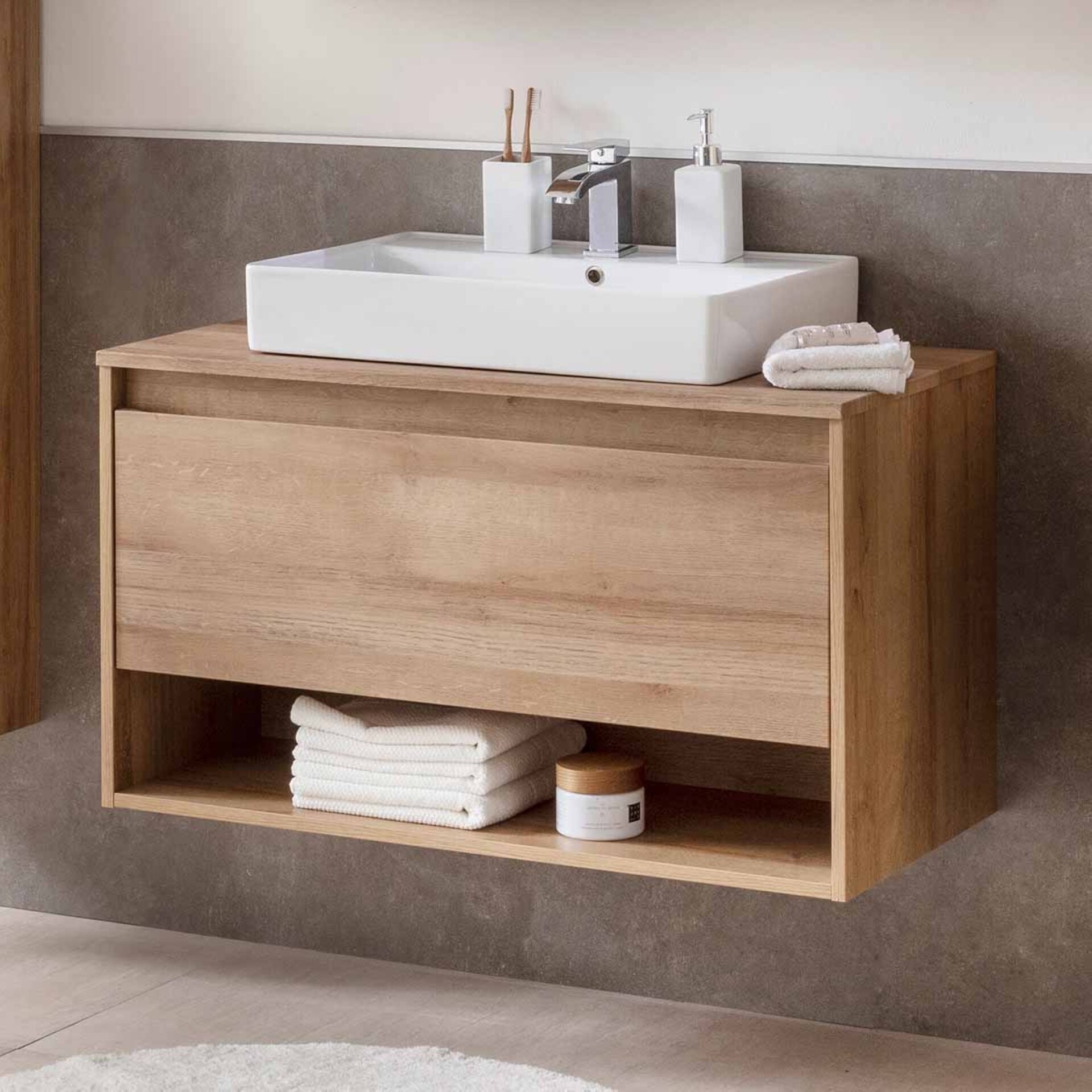 Fackelmann NATURA Badmöbelset 2-teilig, Keramikbecken, 94 cm breit, Braun hell Fackelmann NATURA Badmöbelset 2-teilig, Keramikbecken, 94 cm breit, Braun hell