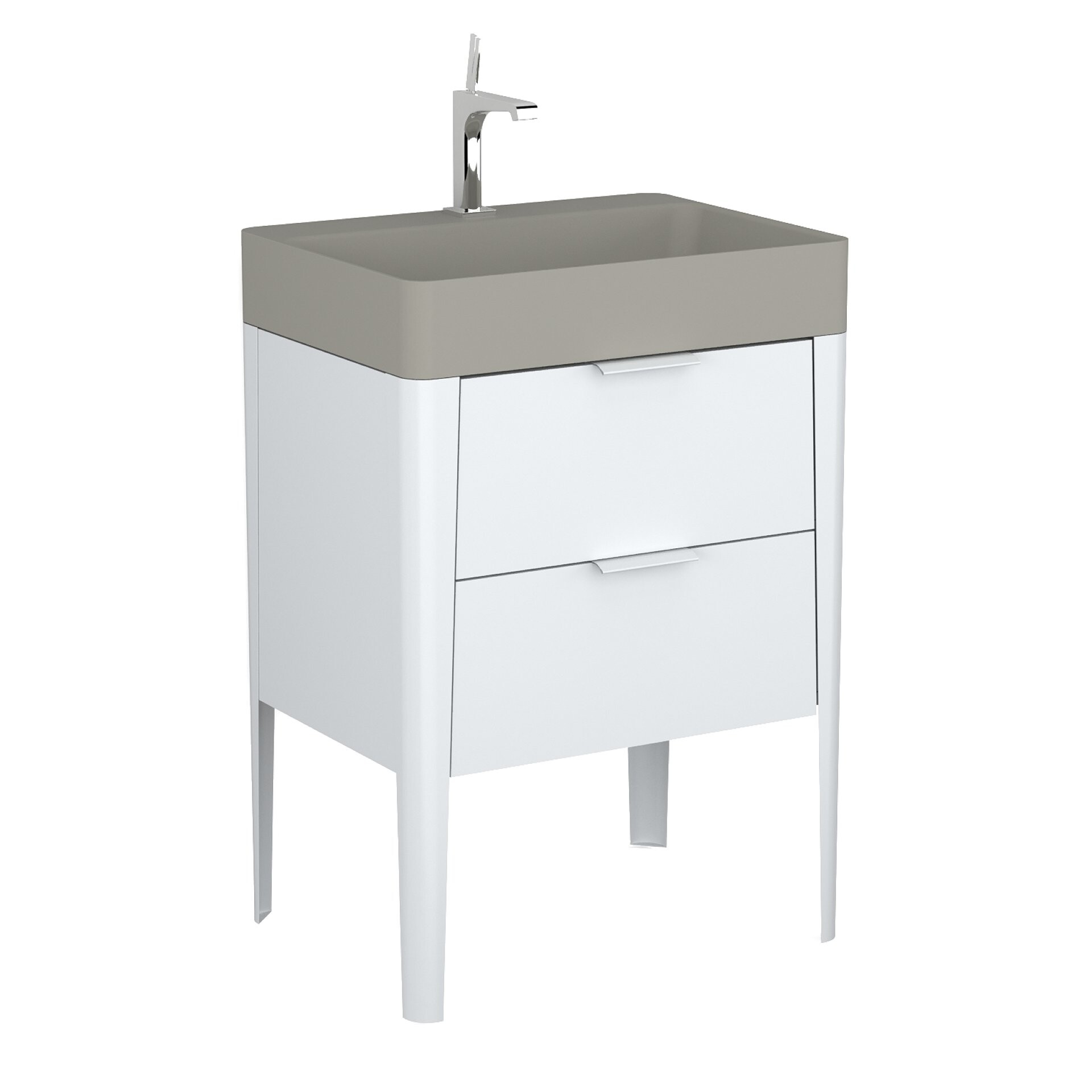 BADEDU SORA Waschbecken mit Unterschrank 60 cm breit, Weiß matt, Waschbecken Quartzkomposit Grau, aus Aluminium, mit Füßen