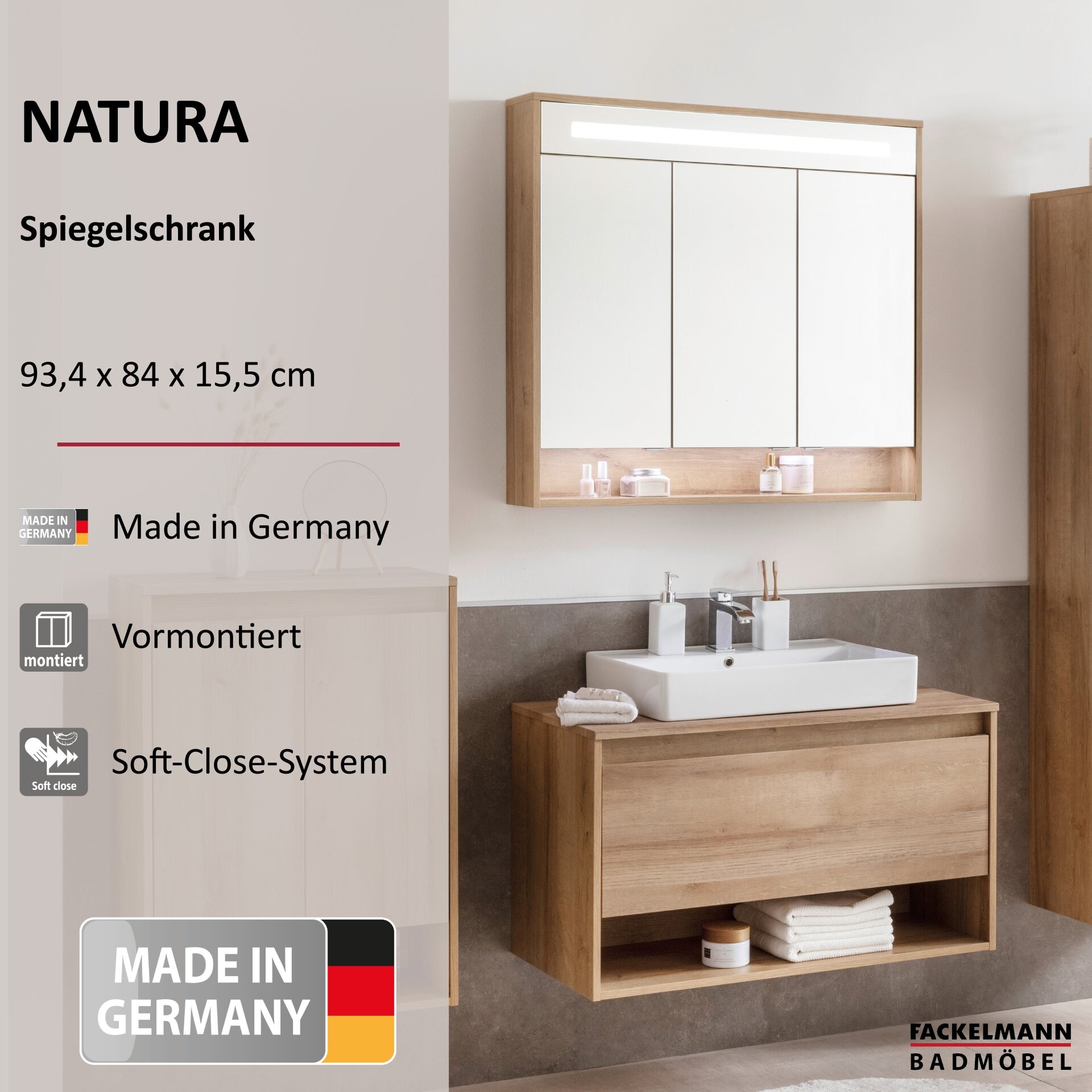 Fackelmann NATURA LED Spiegelschrank, 93,5 cm breit, Braun hell