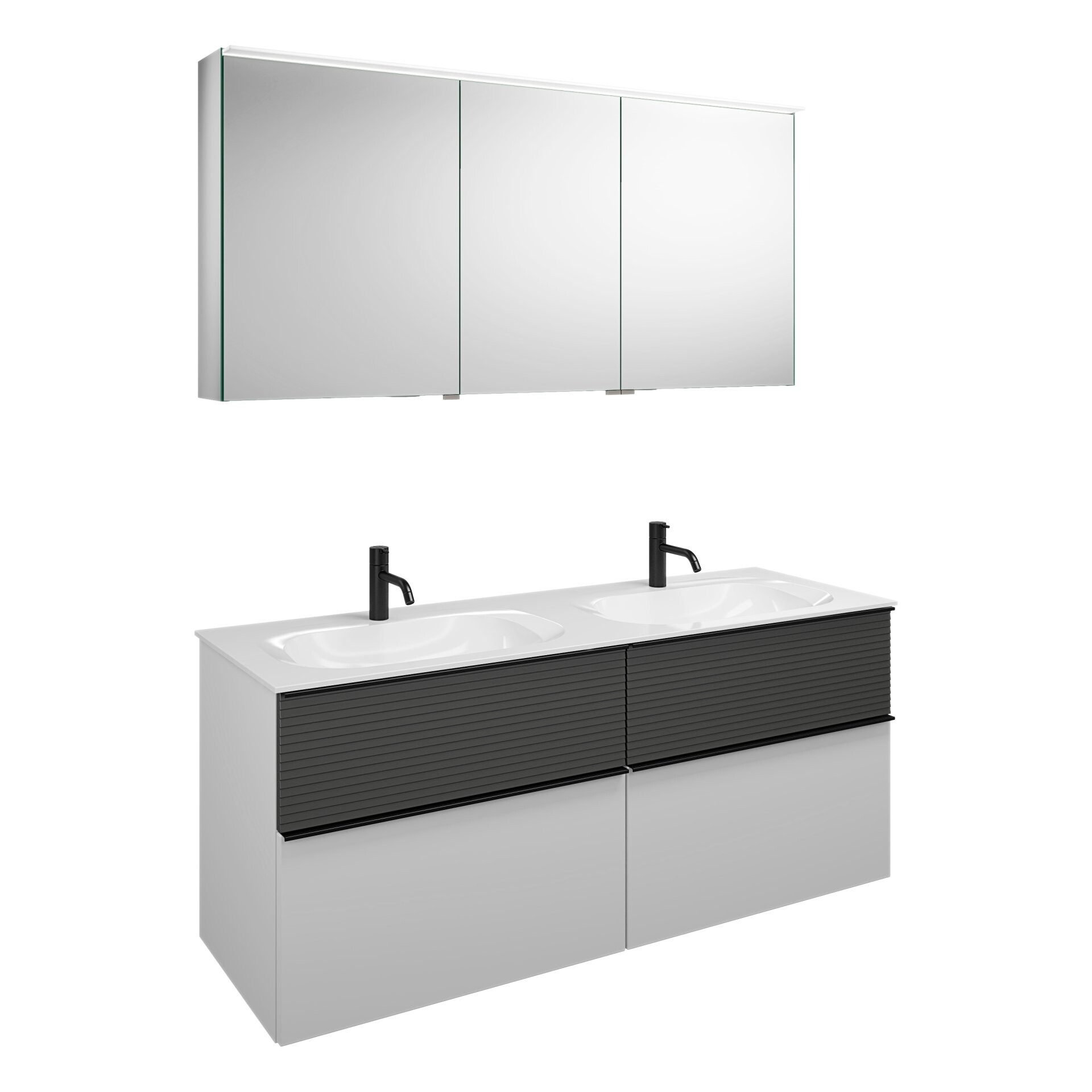 Burgbad FIUMO Waschtisch Set mit Spiegelschrank 142 cm breit, Anthrazit/Weiß, Doppelwaschbecken Gussmarmor Weiß, 4 Schubladen, Anschlag links Burgbad FIUMO Waschtisch Set mit Spiegelschrank 142 cm breit, Anthrazit/Weiß, Doppelwaschbecken Gussmarmor Weiß, 4 Schubladen, Anschlag links