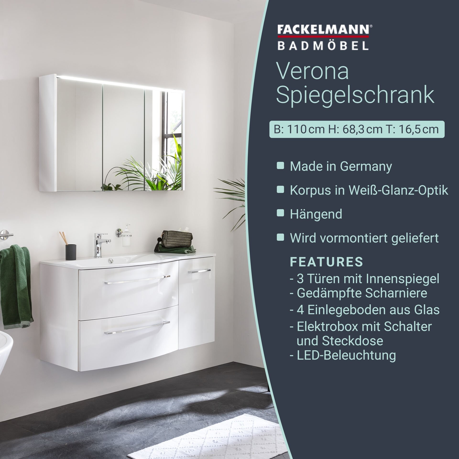 Fackelmann VERONA LED Spiegelschrank 110 cm, Weiß Glanz