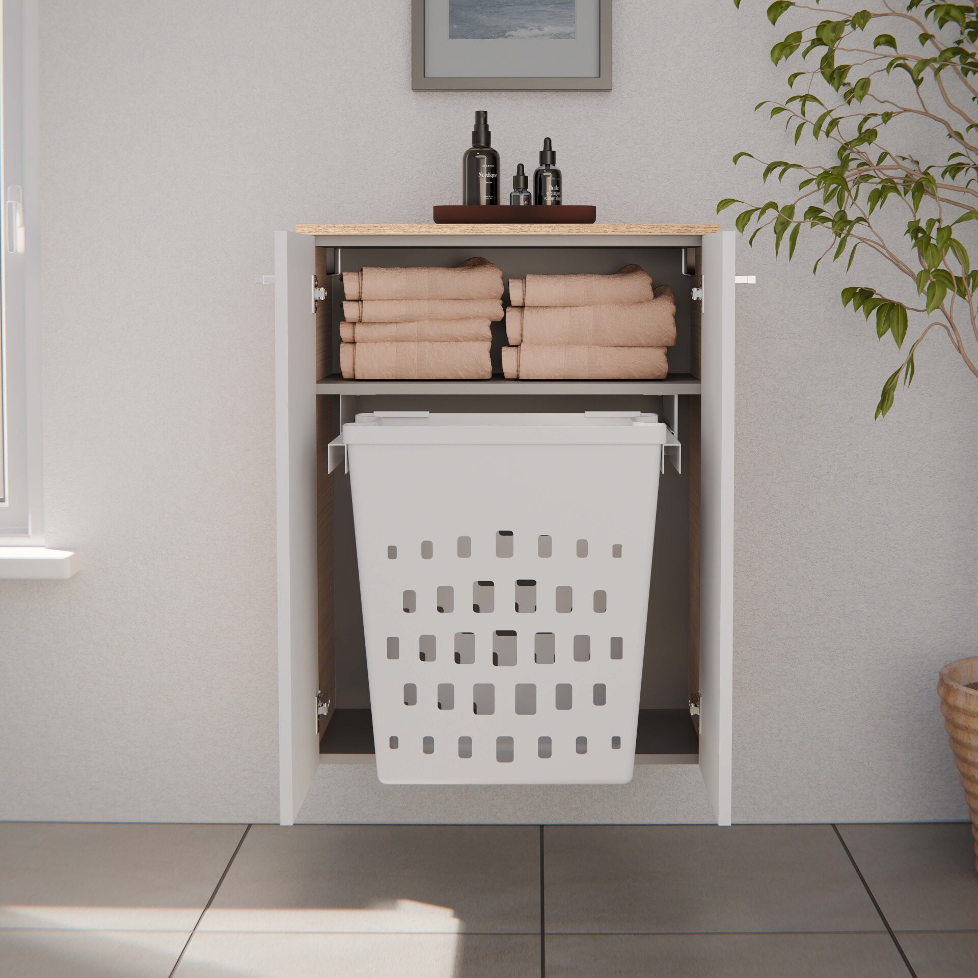 FACKELMANN B.STYLE Doppel Midischrank 60 cm, Weiß/Braun mit Wäschekorb