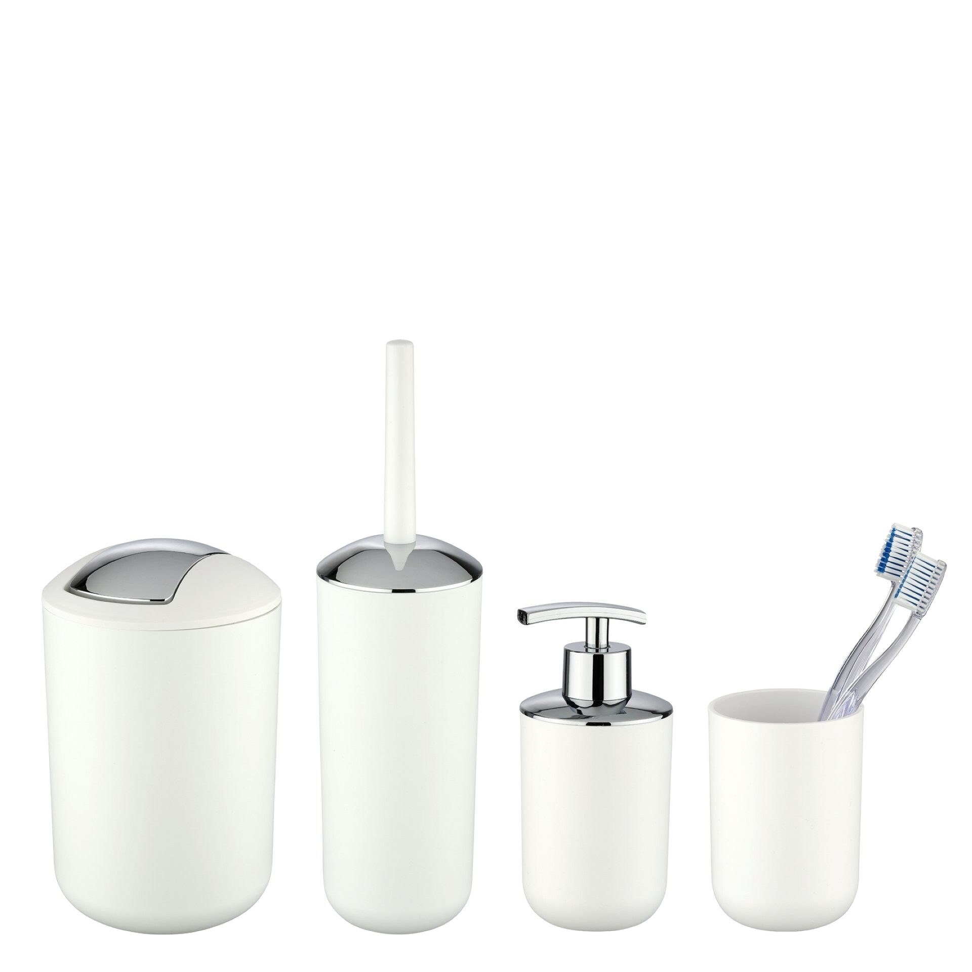 WENKO BRASIL Accessoire Set, Weiß, Zahnputzbecher, Seifenspender, WC-Garnitur, Kosmetikeimer