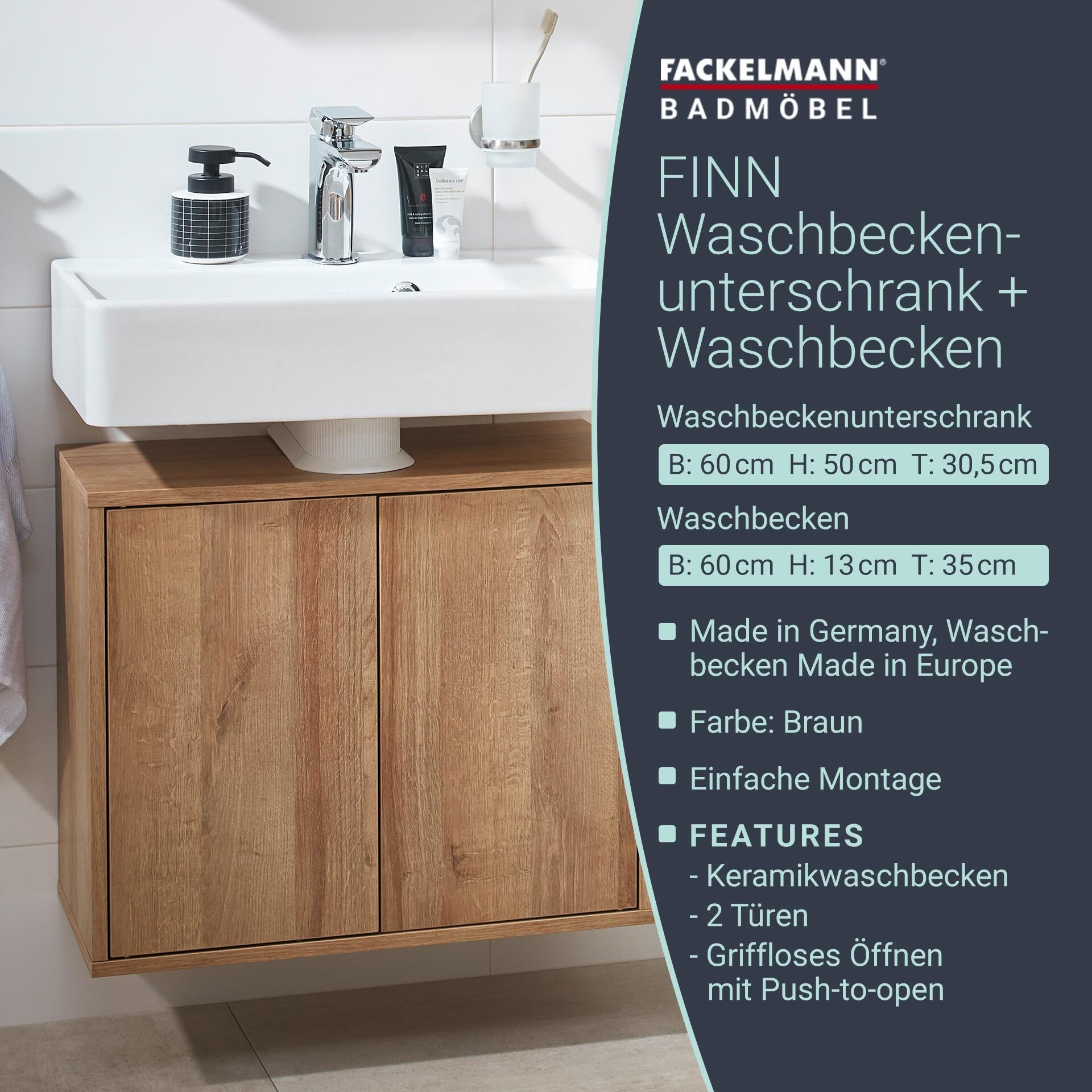 Fackelmann FINN Badmöbelset 2-teilig,  60 cm breit, Braun hell Fackelmann FINN Badmöbelset 2-teilig,  60 cm breit, Braun hell
