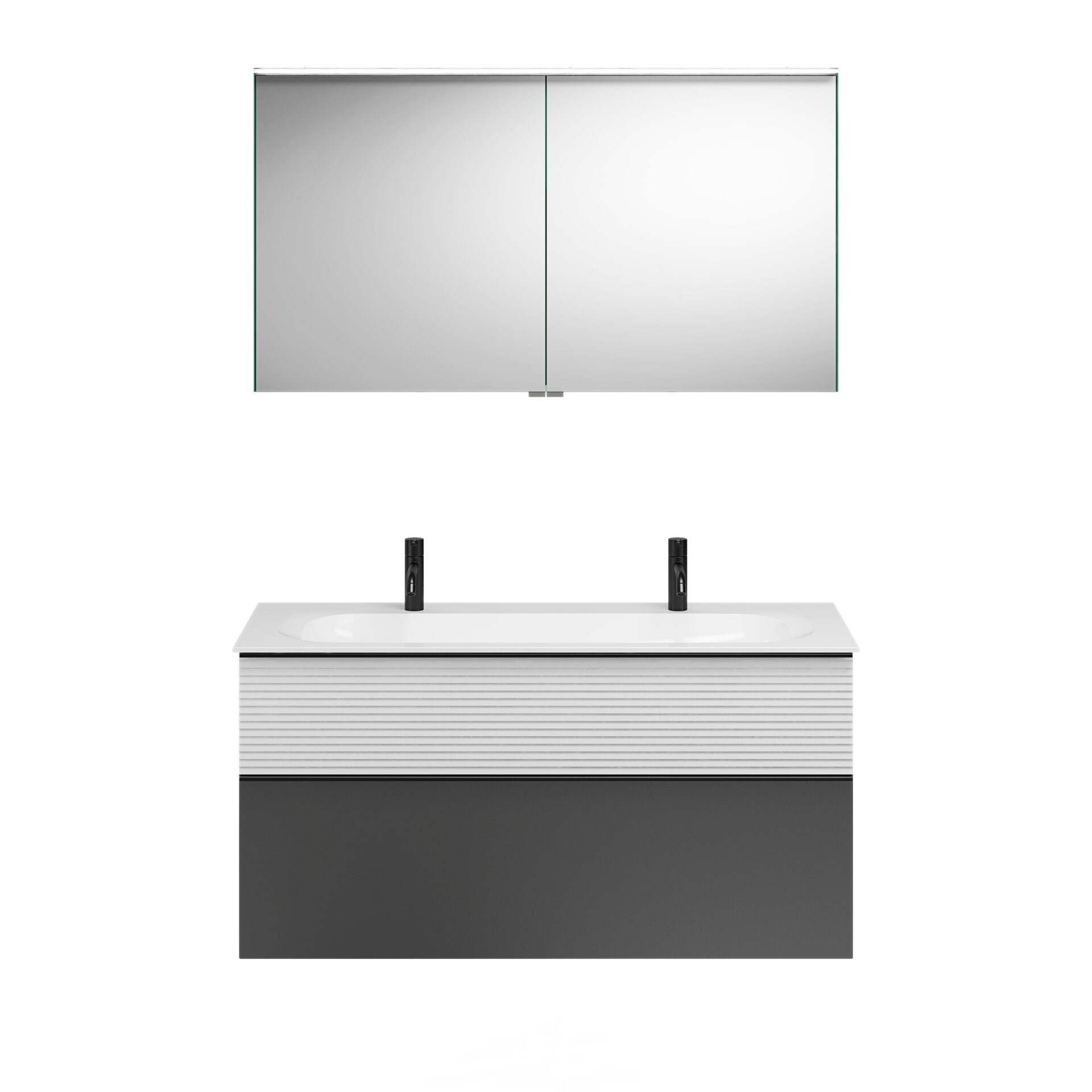 Burgbad FIUMO Waschtisch Set mit Spiegelschrank 122 cm breit, Weiß/Anthrazit, Doppelwaschbecken Gussmarmor Weiß Burgbad FIUMO Waschtisch Set mit Spiegelschrank 122 cm breit, Weiß/Anthrazit, Doppelwaschbecken Gussmarmor Weiß