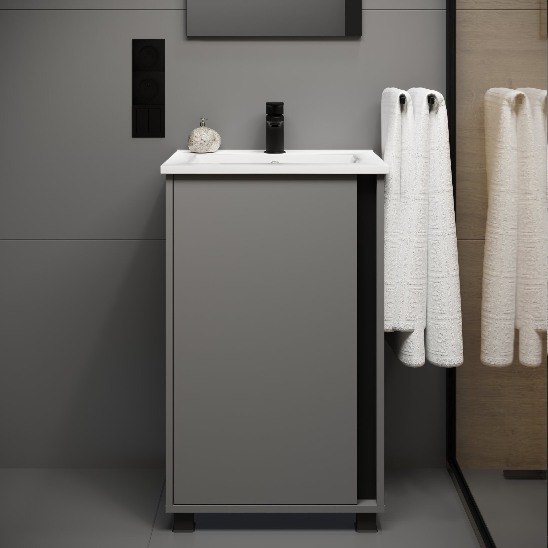 BADEDU LULE Waschbecken mit Unterschrank 51 cm breit, Grau, Waschbecken Keramik Weiß, mit Füßen