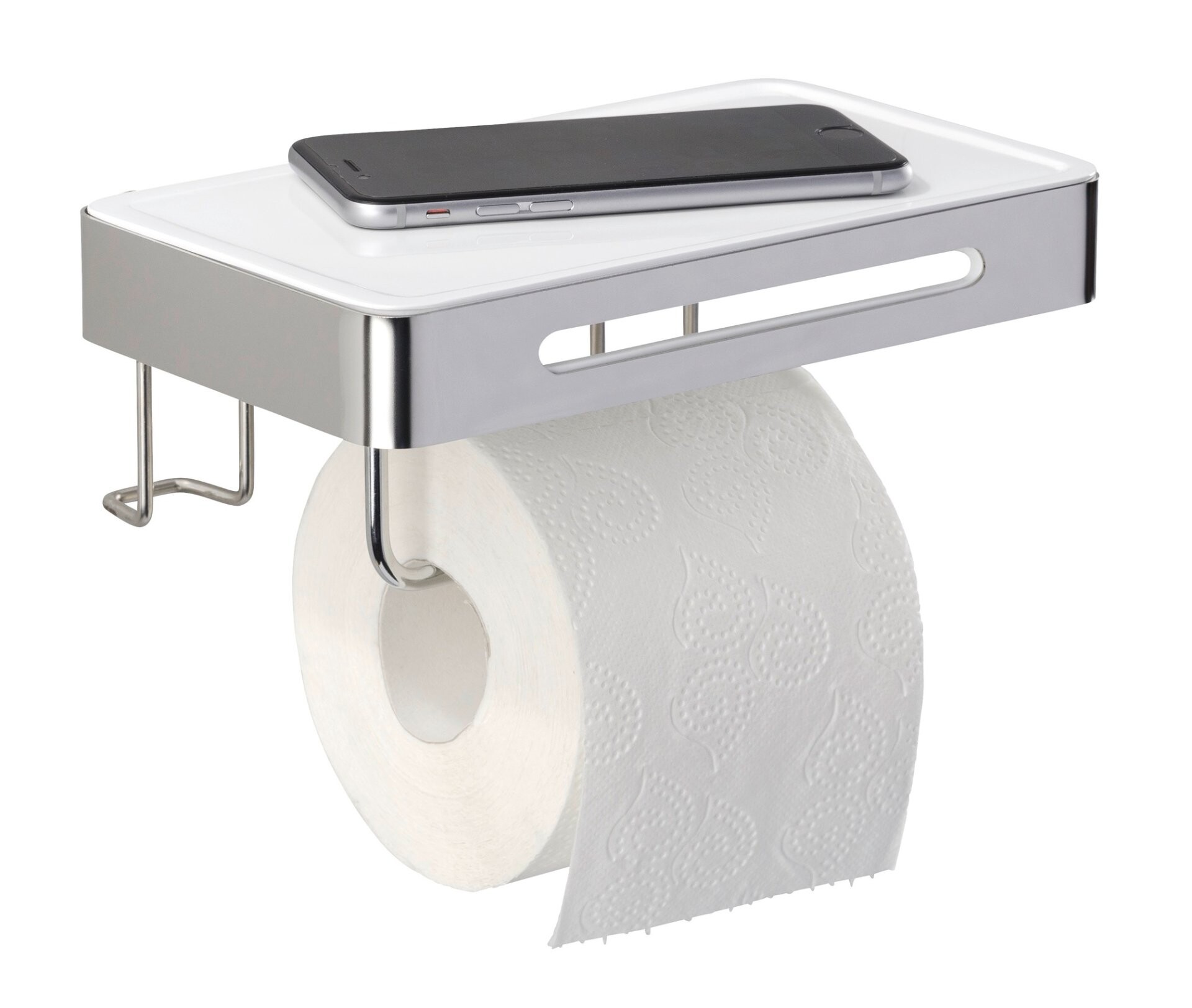 WENKO PREMIUM PLUS Toilettenpapierhalter, Weiß/Chrom, Edelstahl, mit Ablage