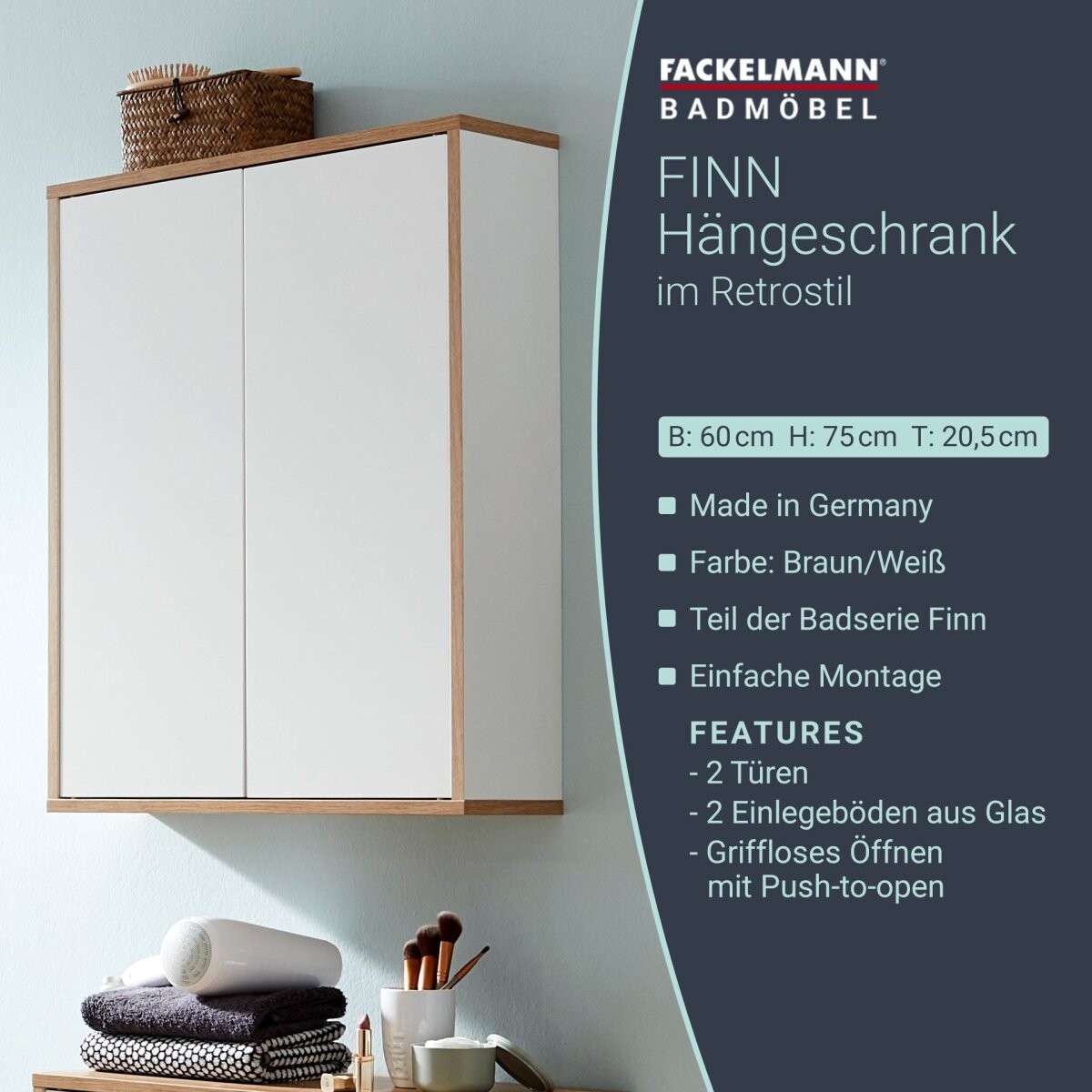 Fackelmann FINN Doppel Hängeschrank 60 cm, Braun hell/Weiß