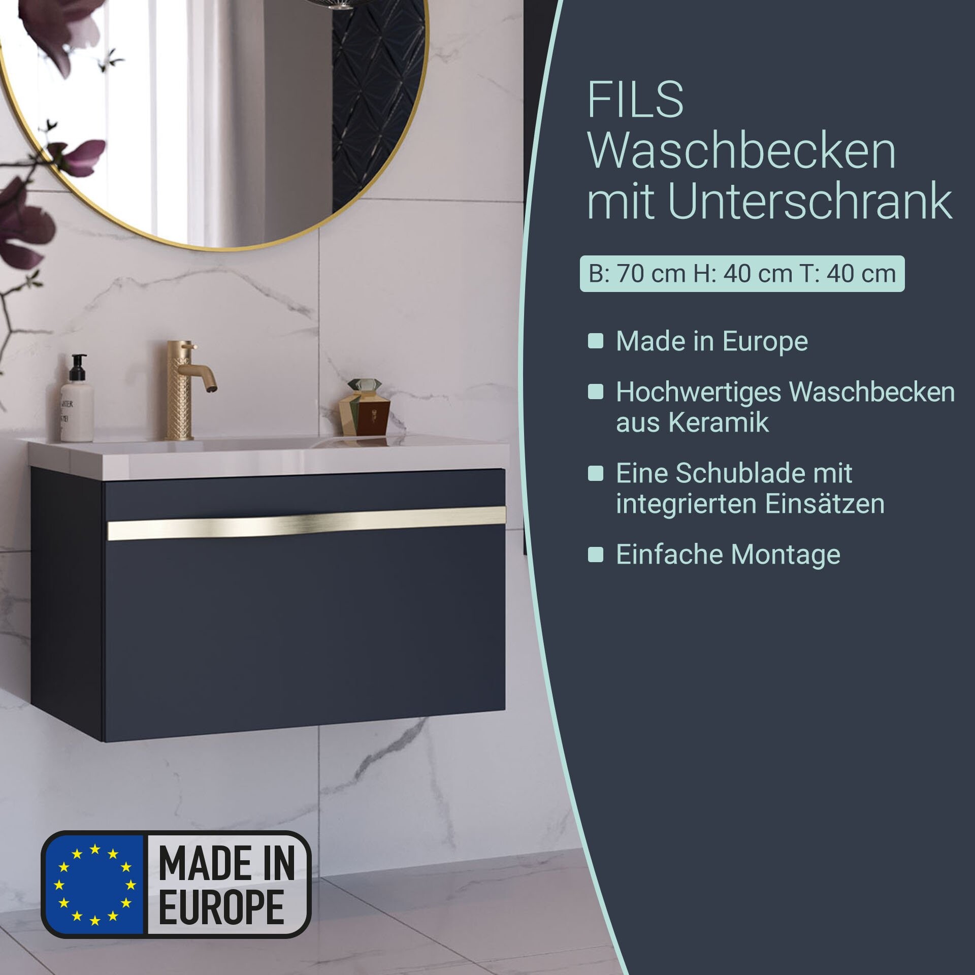 BADEDU FILS Waschbecken mit Unterschrank 69 cm breit, Blau, Waschbecken Gussmarmor Weiß, Griff Silber